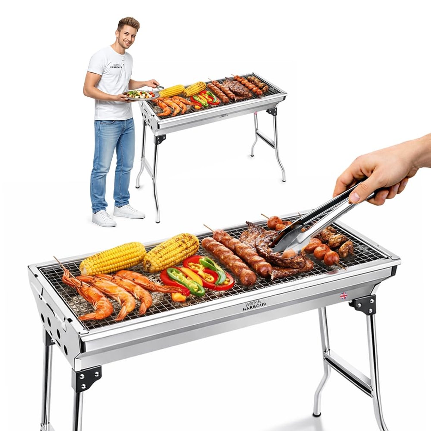 Home Harbour H1 Large Foldable Stainless Steel BBQ Charcoal Grill | Portable and Lightweight Barbecue | For Outdoor Picnics, Camping, Garden, Home Cooking Parties Grilling