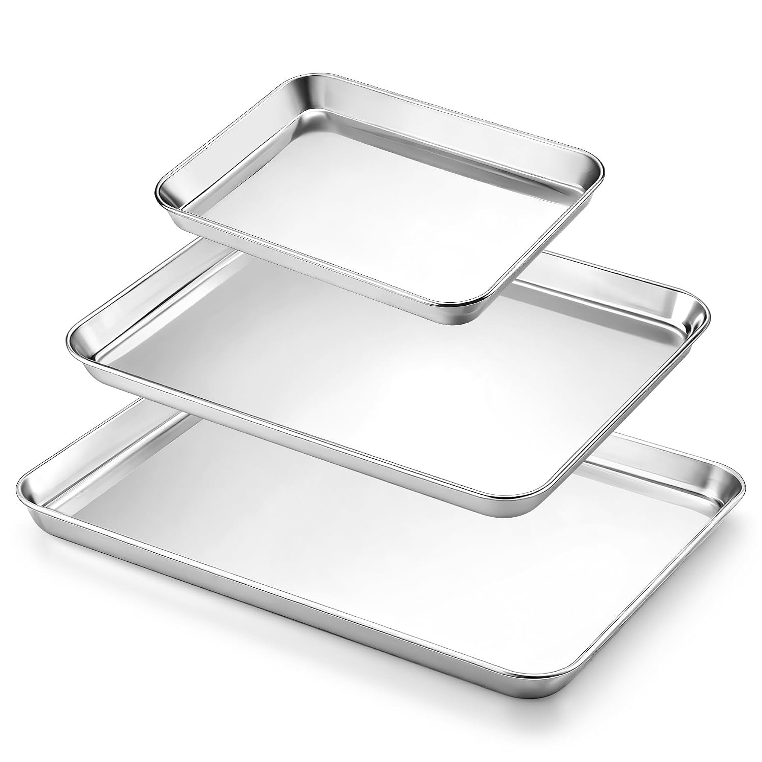 Baking Pan Set of 3, Stainless Steel Baking Tray Sheet Professional, Non Toxic & Healthy, Mirror Finish & Rust Free, Easy Clean & Dishwasher Safe