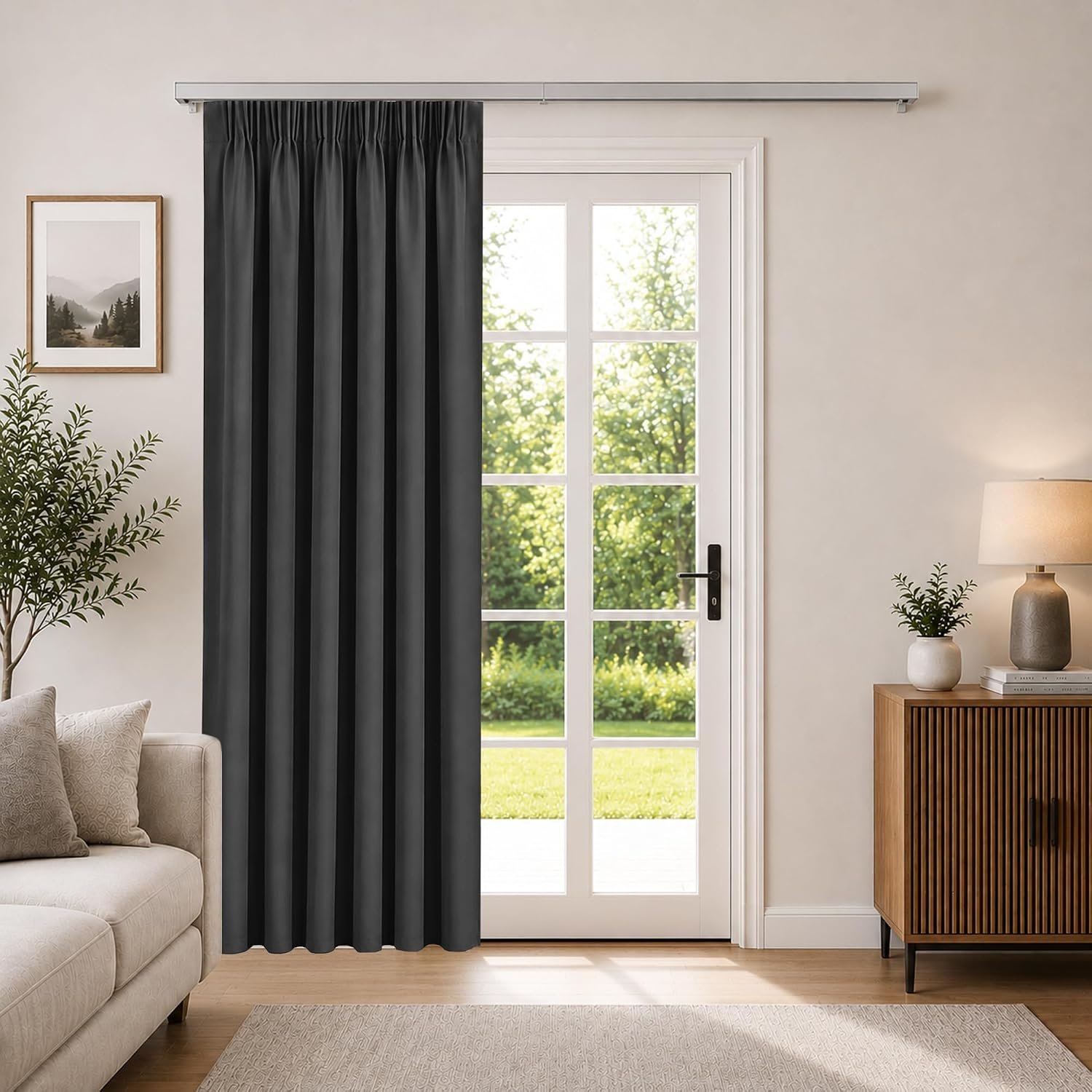 Aspire Homeware Door Curtain Pencil Pleat Blackout Grey Curtains for Living Room Super Soft Thermal Insulated Single Panel 66 x 84 inch Drop Bedroom Curtains with 1 Tie Back