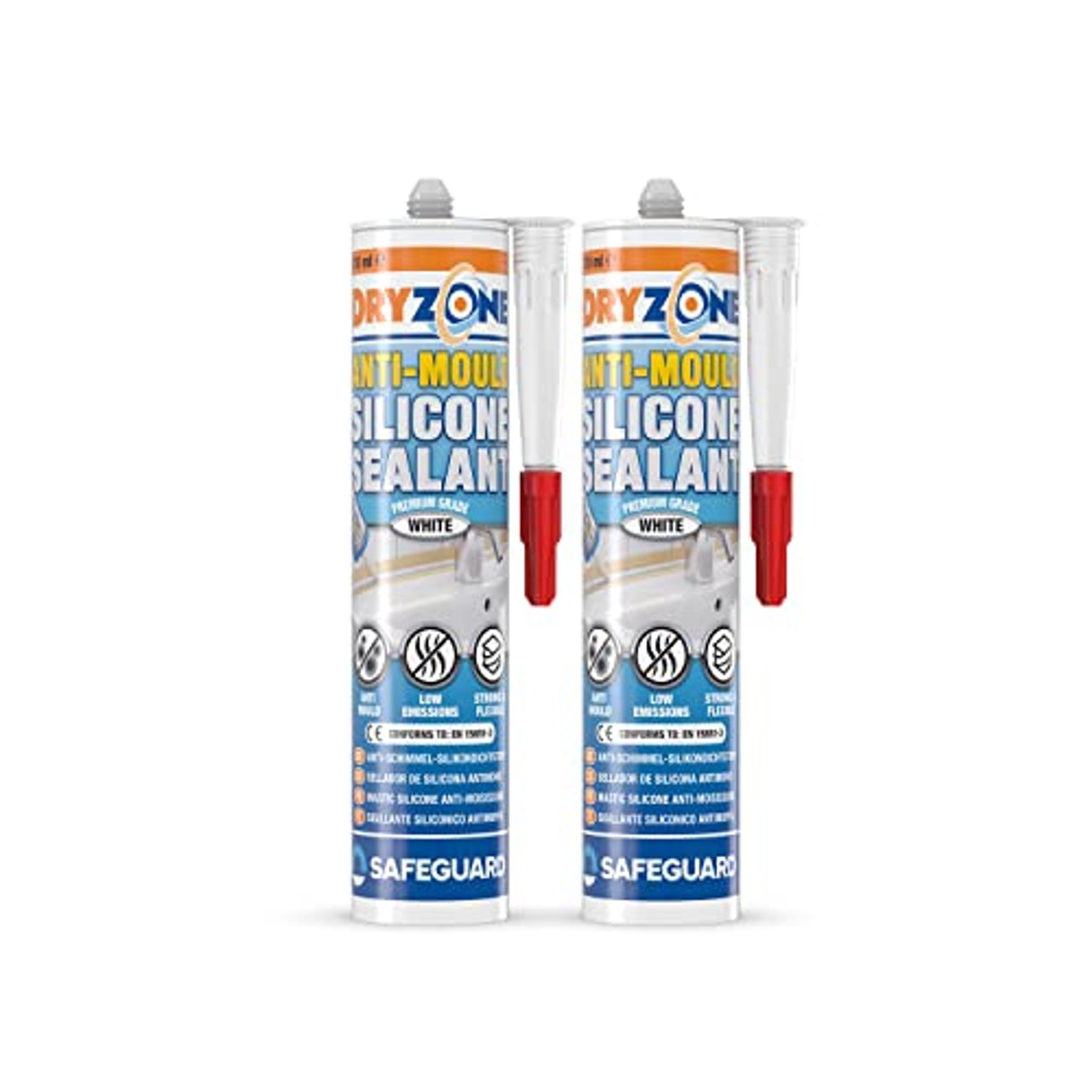 Dryzone Silicone Sealant White Anti Mould (310ml x 2) - Waterproof Premium Sanitary-Grade, Low VOC Sealant for Bathroom and Kitchen