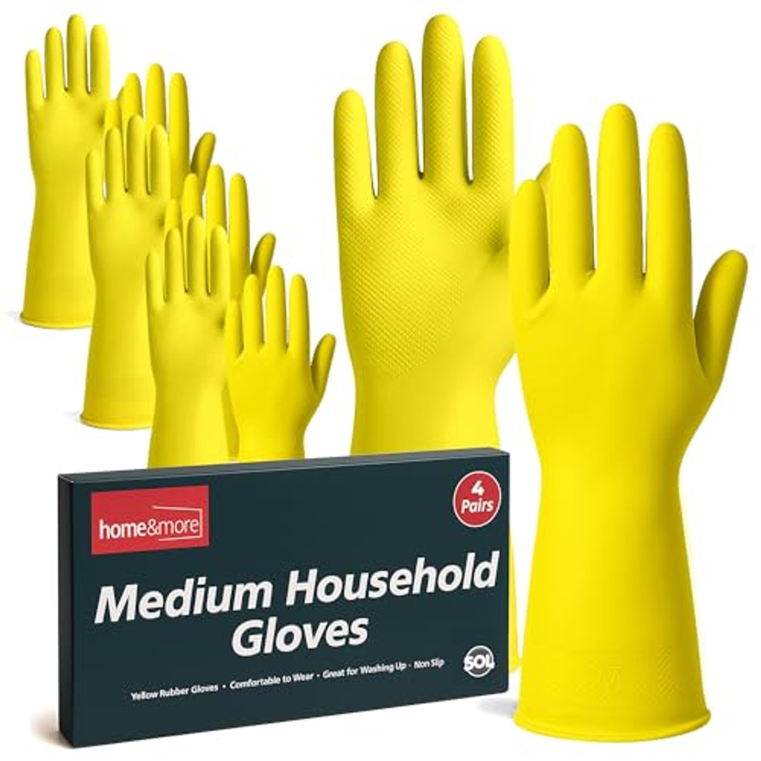 SOL 4 Pairs Kitchen Rubber Gloves Medium, Yellow Heavy Duty for Cleaning with Non-Slip Grip, Durable Waterproof Design for Household, Bathroom & Dishwashing, Multipurpose & Comfortable To Use