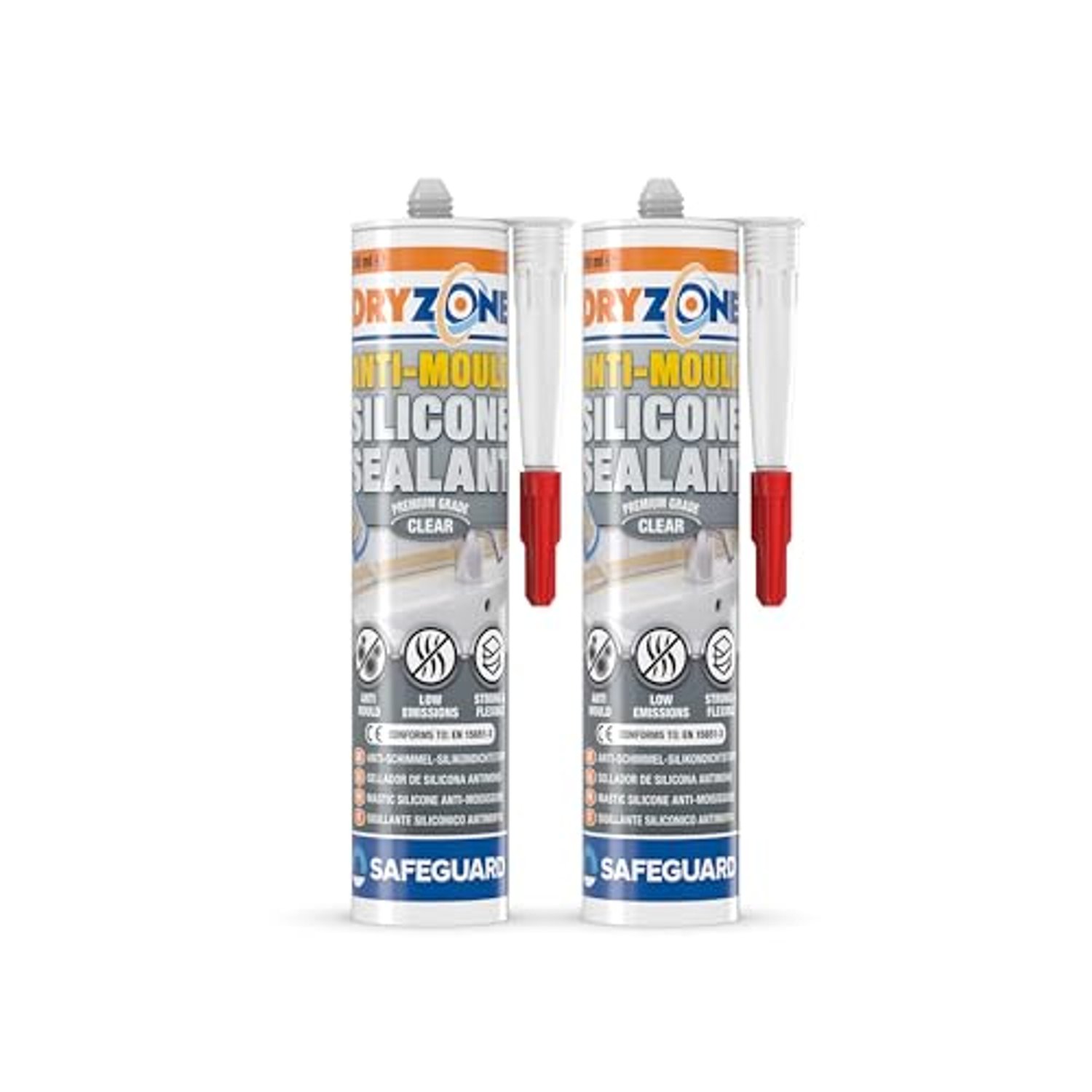 Dryzone Silicone Sealant Clear Anti Mould (310ml x 2), Waterproof Premium Sanitary-Grade, Low VOC Sealant for Bathroom and Kitchen