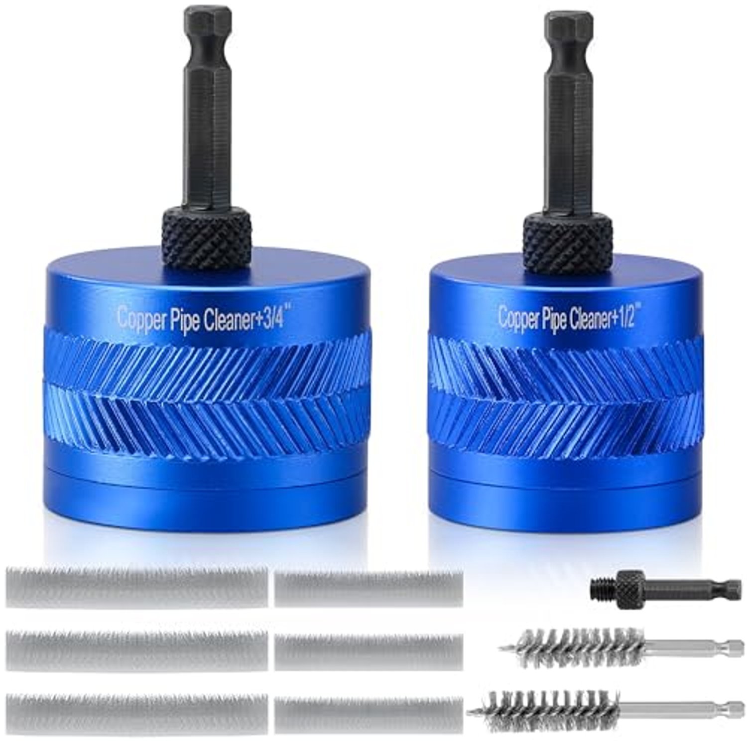 2PCS Copper Pipe Cleaner, 1/2" & 3/4" Drill Tube Cleaning Brush, Plumbing Copper Pipe Cleaner for Drill, Metal Deburring Tool with 6 Brush Blades & 2 Pipe Stainless Steel Bristles for Rust Removal
