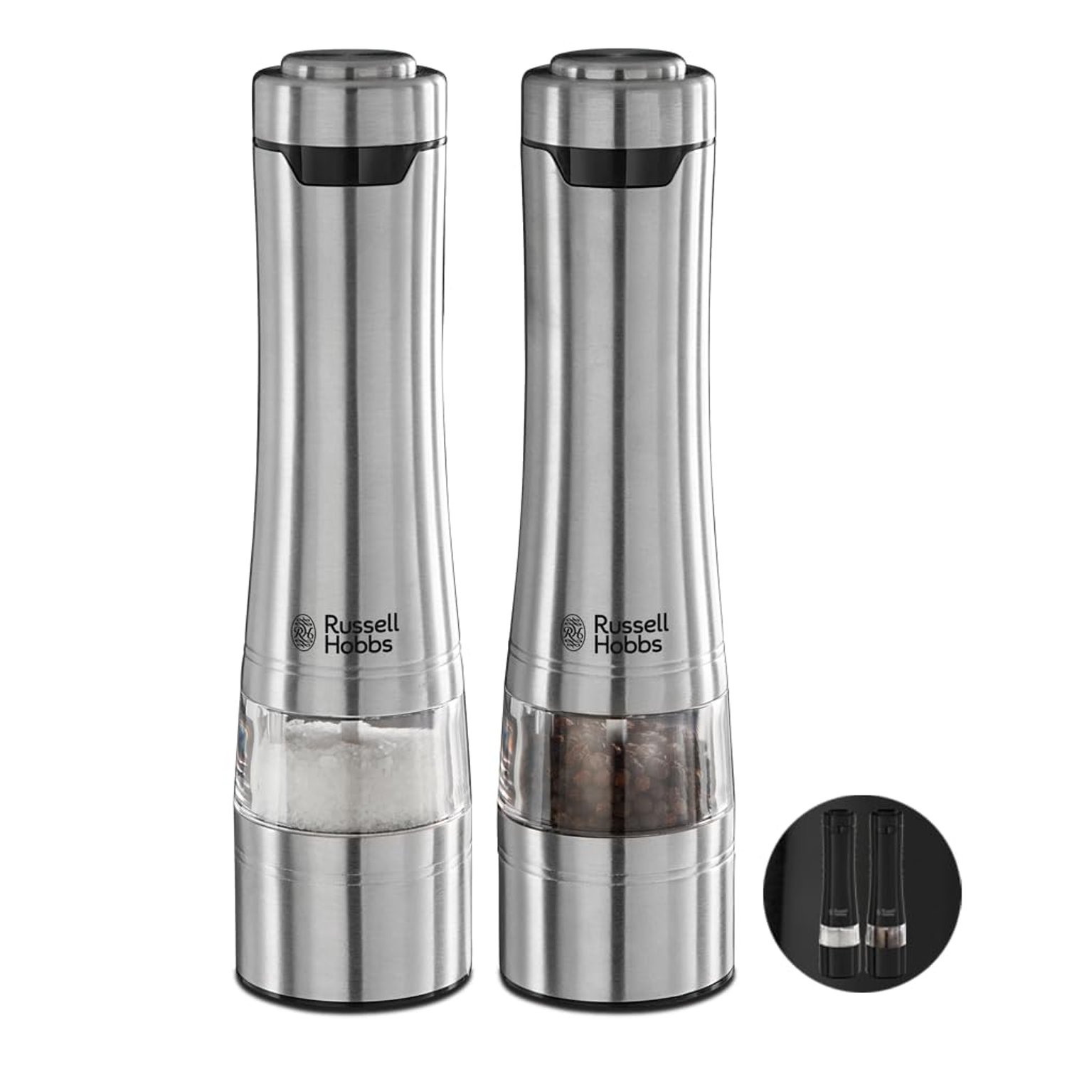 Russell Hobbs Stainless Steel Electric Salt & Pepper Mill Set with Adjustable Ceramic Grinder Heads for fine or coarse Grinding, Battery Operated, Light up During use, One Handed Operation, 23460-56