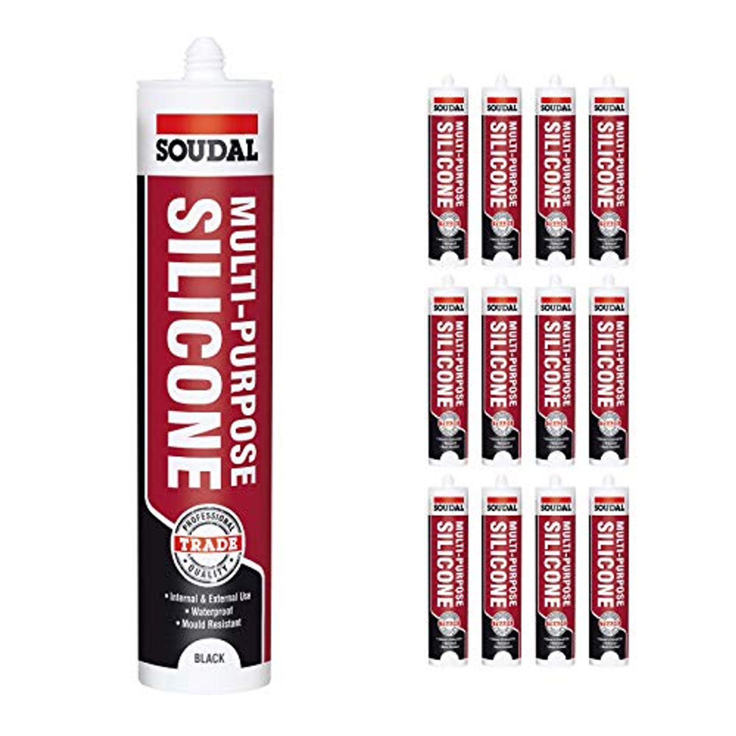 12 x Black Soudal Trade Silicone Multi Purpose Construction Sealant Acetoxy with Fungicide