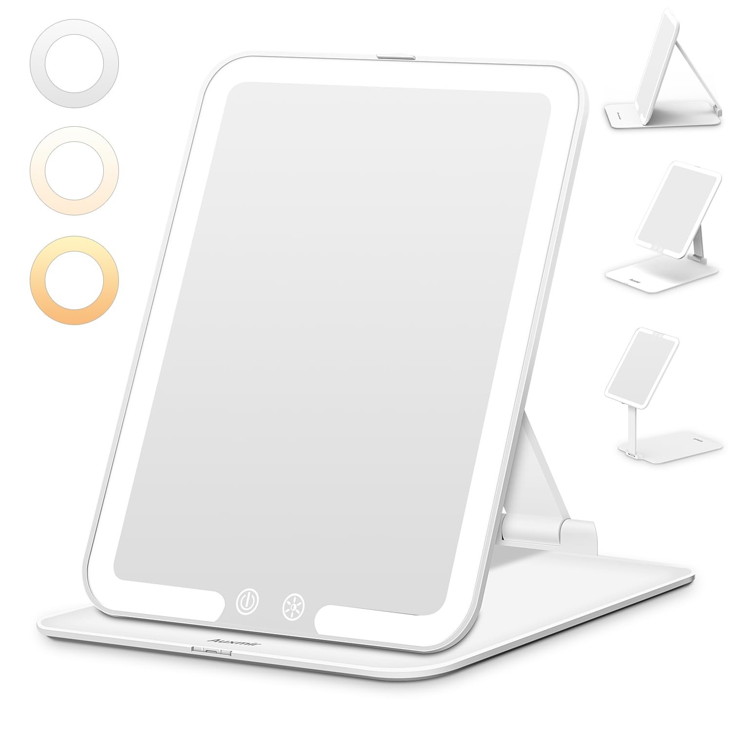 Auxmir Rechargeable Makeup Mirror, Portable LED Lighted Travel Mirror, Rotating Beauty Makeup Mirror with 3 Color Light, Dimmable Brightness, Foldable Tabletop Cosmetic Mirror for Home, Travel