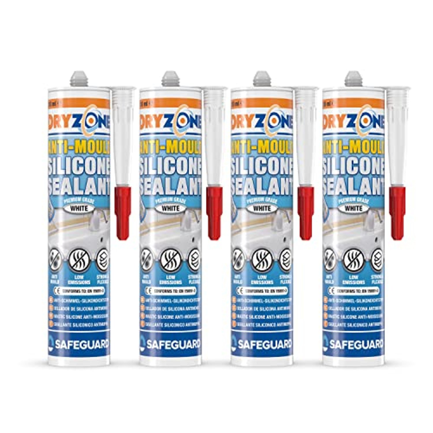 Dryzone Anti-Mould Premium Silicone Sealant (310 ml White) Low VOC Sealant for Bathroom and Kitchen (Pack of 4)