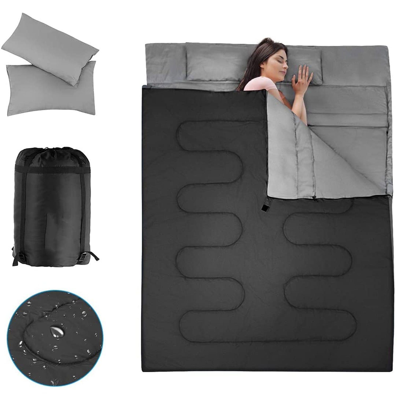 COSTWAY Double Sleeping Bag, Extra Large - 220 x 150 cm - Converts into 2 Singles, Waterproof Sleeping Bag with Free Pillows and Carrying Bag for Camping, Hiking (Black)