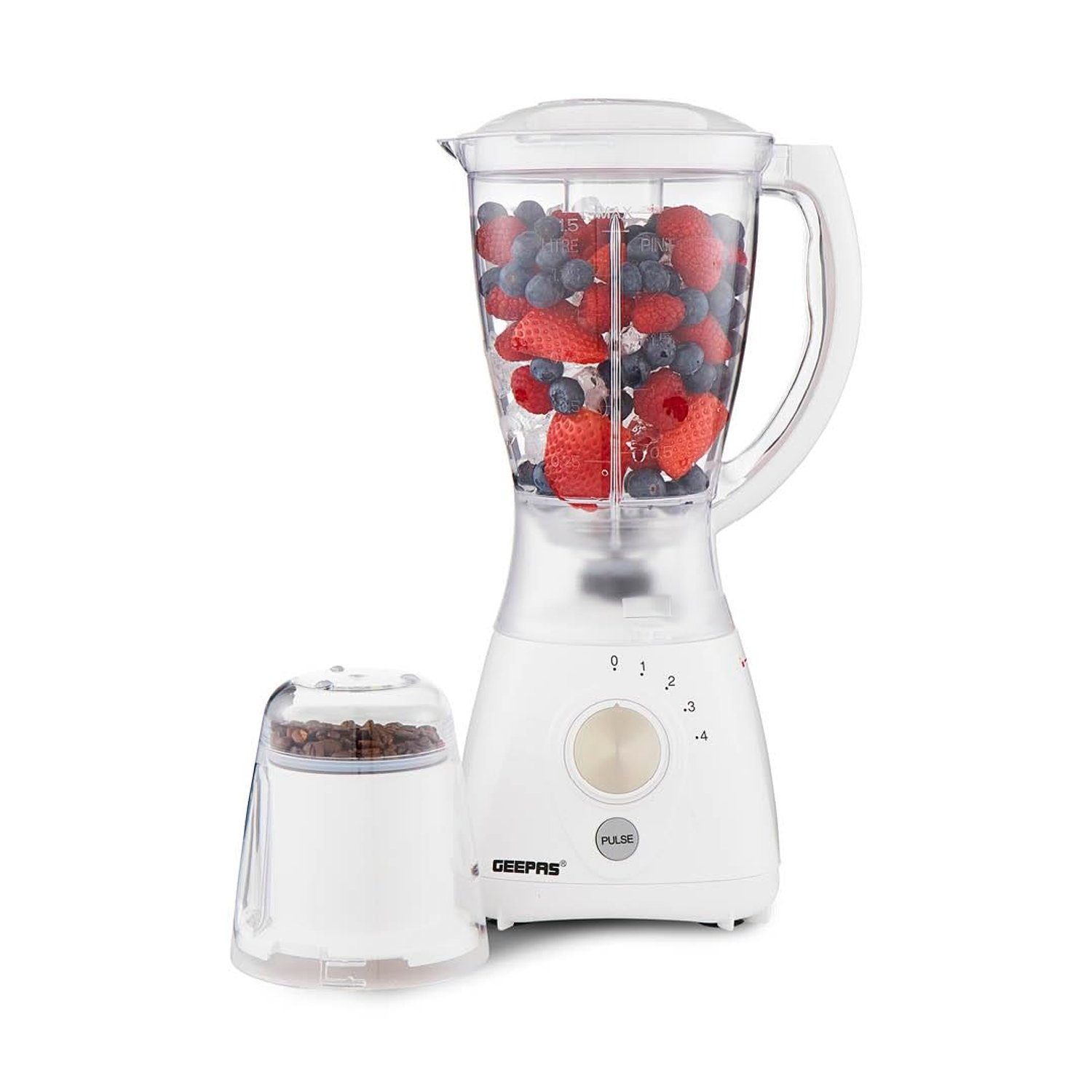 GEEPAS 2-in-1 Food Jug Blender & Smoothie Blender | Ice Crusher Stainless Steel Blades 4 Speeds Pulse Mode | 1.5L Jar Smoothie Milkshake Maker Coffee/Spice Grinder Mill | 2 Year Warranty 550W White