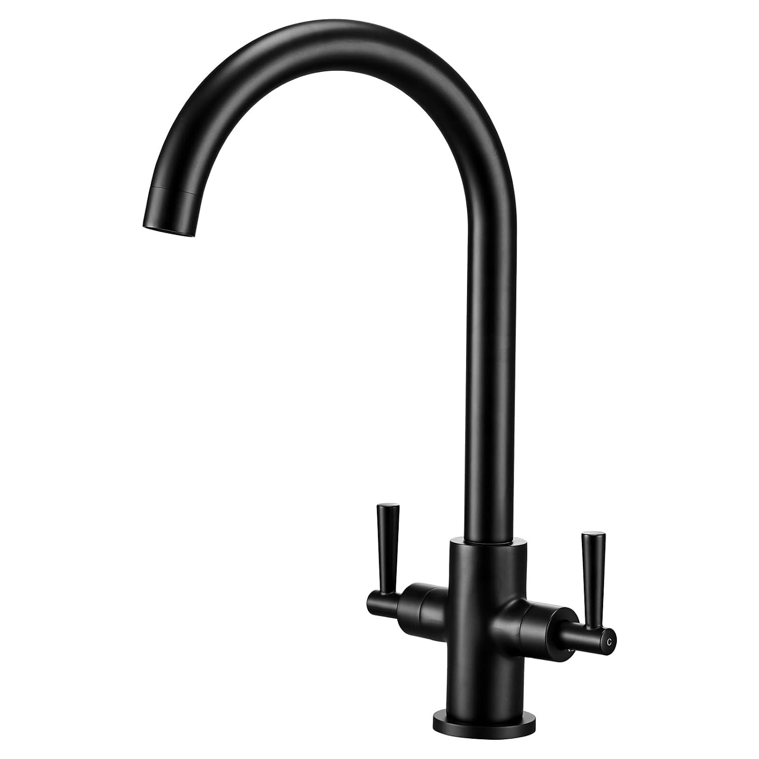 Kitchen Sink Mixer Taps Monobloc Dual Lever Brass Swivel Spout Matte Black Kitchen Tap Stainless Steel Faucet Swan Neck Mixer Taps 1 Hole