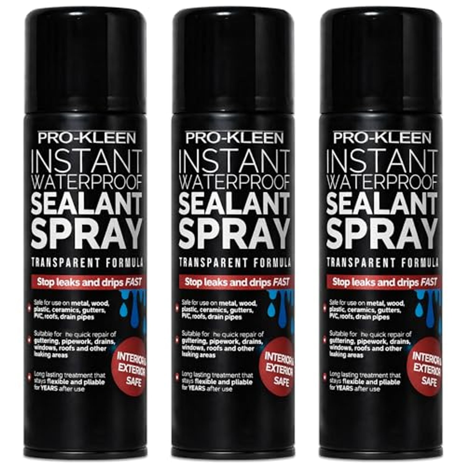 Pro-Kleen Instant Waterproof Sealant Spray - Tough Leak Sealant Spray for Roofs, Pipes, Guttering & More - Transparent & Long-Lasting Formula - Instant Emergency Repair (3 x 400ml)