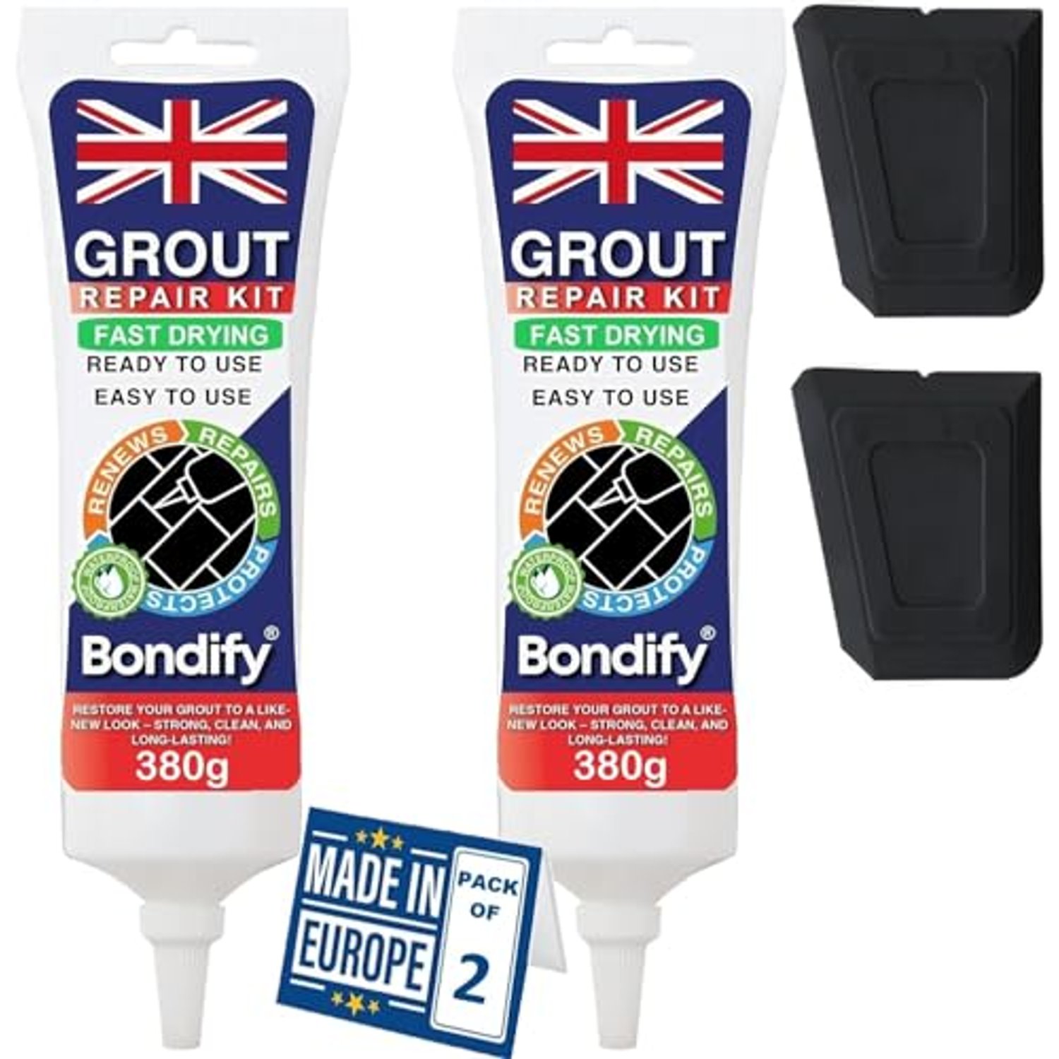 BONDIFY Waterproof Black Grout Ready Mixed, Grout Repair Kit, 380g x 2PCs, FAST DRYING, EXTRA VOLUME Anti Mould Black Tile Grout for Shower, Bathroom, Kitchen, Quick Drying Tile Gap Filler Ready Mixed