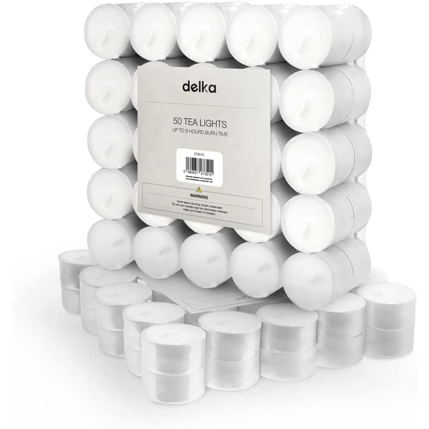 delka Unscented Tea Lights White- Long-Lasting 8 Hour Burn Time-Smoke-Free Bright Flame -Ideal for Weddings, Events, Aromatherapy, Home Décor, and Emergency Use-Premium Quality (White, Pack of 50)