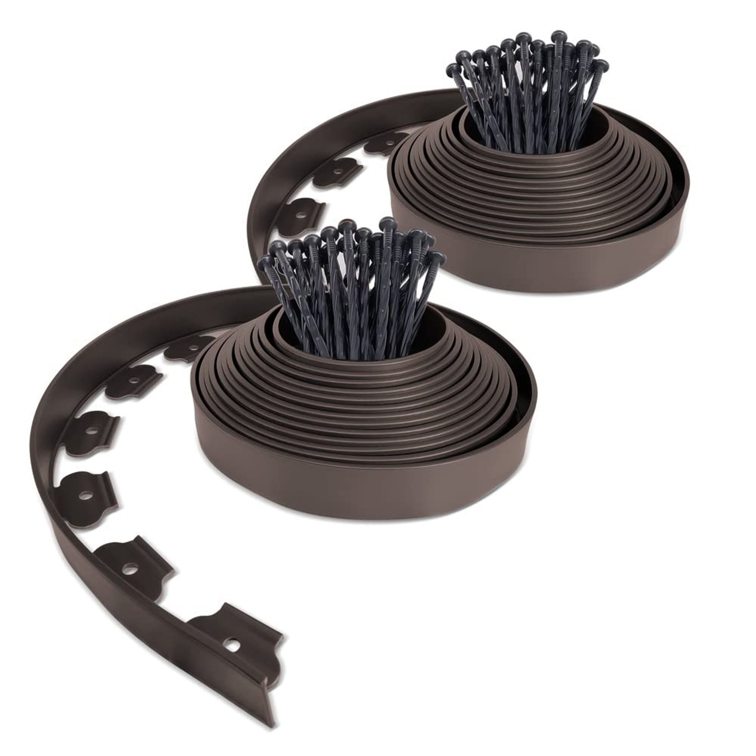VOUNOT Lawn Edging 20m with 60 Pegs, Flexible Plastic Garden Edging Border Strips for Grass, Flower Beds, Path, Gravel, 5cm High, Brown