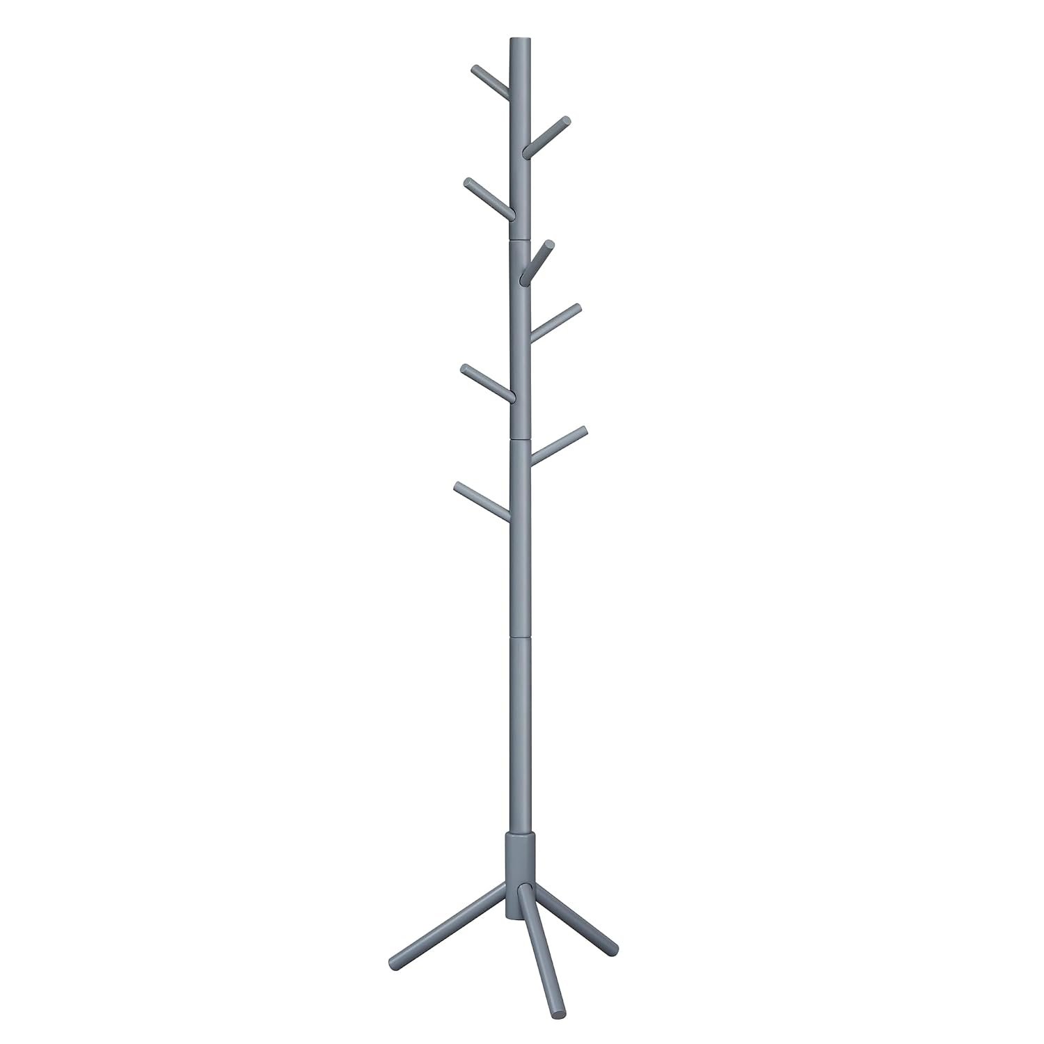 VASAGLE Standing Coat Rack, Tree-Shaped Solid Wood Coat Rack, with 8 Hooks, 3 Height Options, for Clothes, Hats, Bags, for Living Room, Bedroom, Home Office, Grey RCR04GY