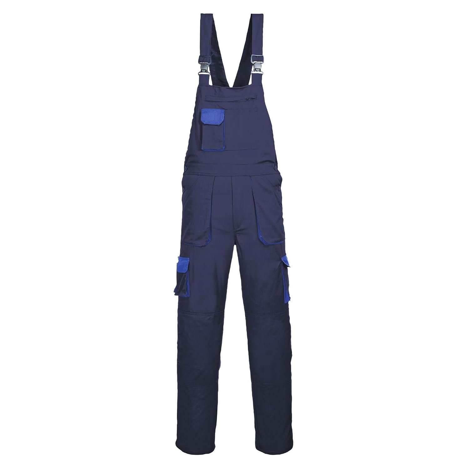 Portwest TX12 Texo Contrast Bib and Brace Work Overalls Mens Workwear 10 Pockets UPF 40+ Sun Protection Elasticated Waist Knee Pad Pockets, Regular, Navy, XL