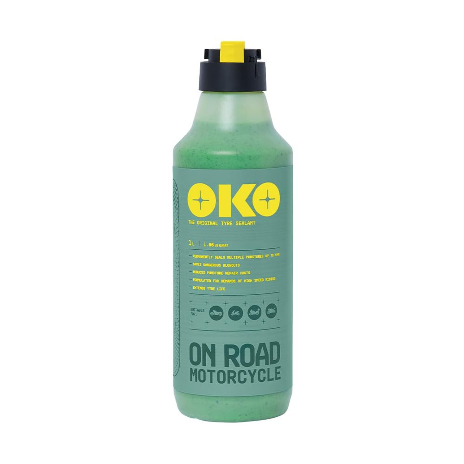 OKO On-Road Motorcycle Tubeless Tyre Sealant 1 Litre | Seals Punctures Up to 5mm | Extends Life of Motorbike and Moped Tyres, Innovative Mess-Free Cap, Non-Allergenic, Non-Compatible With TPMS Sensors