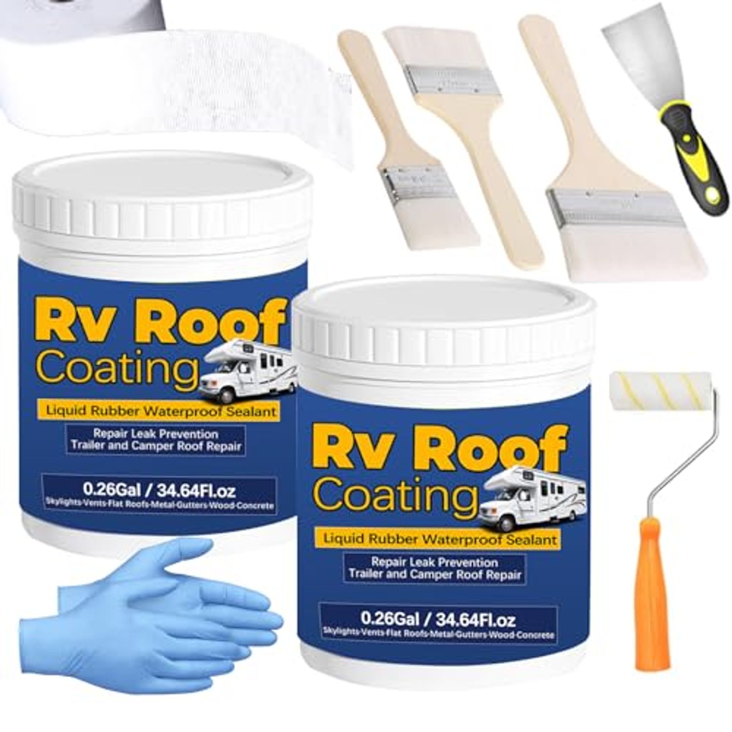 0.52Gal/69.28Fl.oz Liquid Rubber Rv Roof Coating White Waterproof Sealant Camper Roof Repair Solar Reflective Wooden Brush Putty Knife Nitrile Gloves Paint Roller Drywall Repair Tape