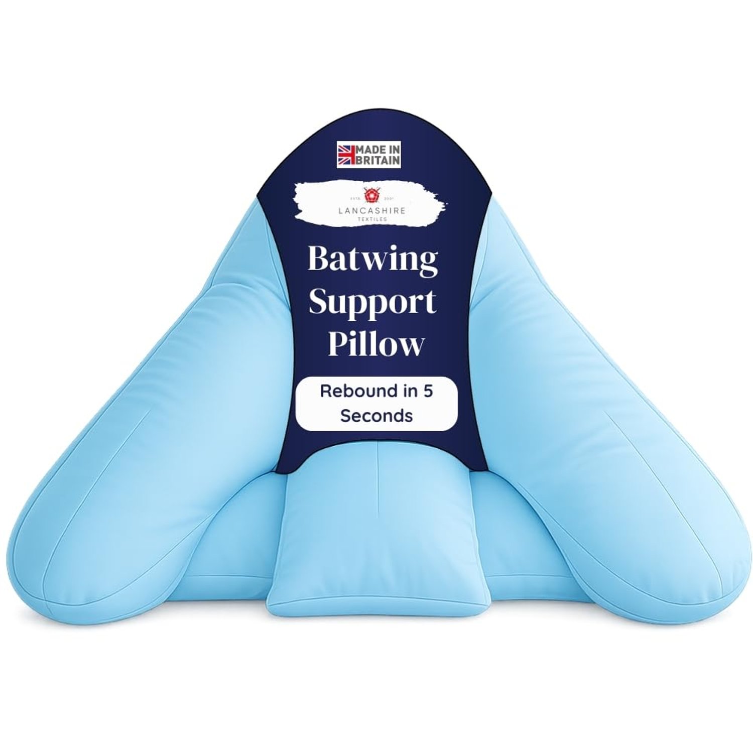 Lancashire Textiles Orthopaedic Batwing Shaped Neck & Back Support Pillow for Help with Cushioning and Sitting Complete with Light Blue Removable Pillowcase