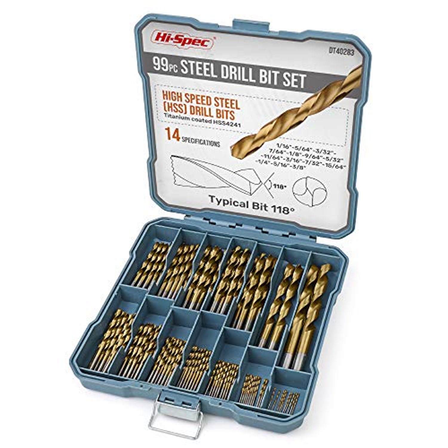 Hi-Spec 99pc Complete HSS Mixed Drill Bit Set, 1 to 10mm Titanium Coated High Speed Steel Drill Bits for Metal, Wood & Plastic, All in a Box Case
