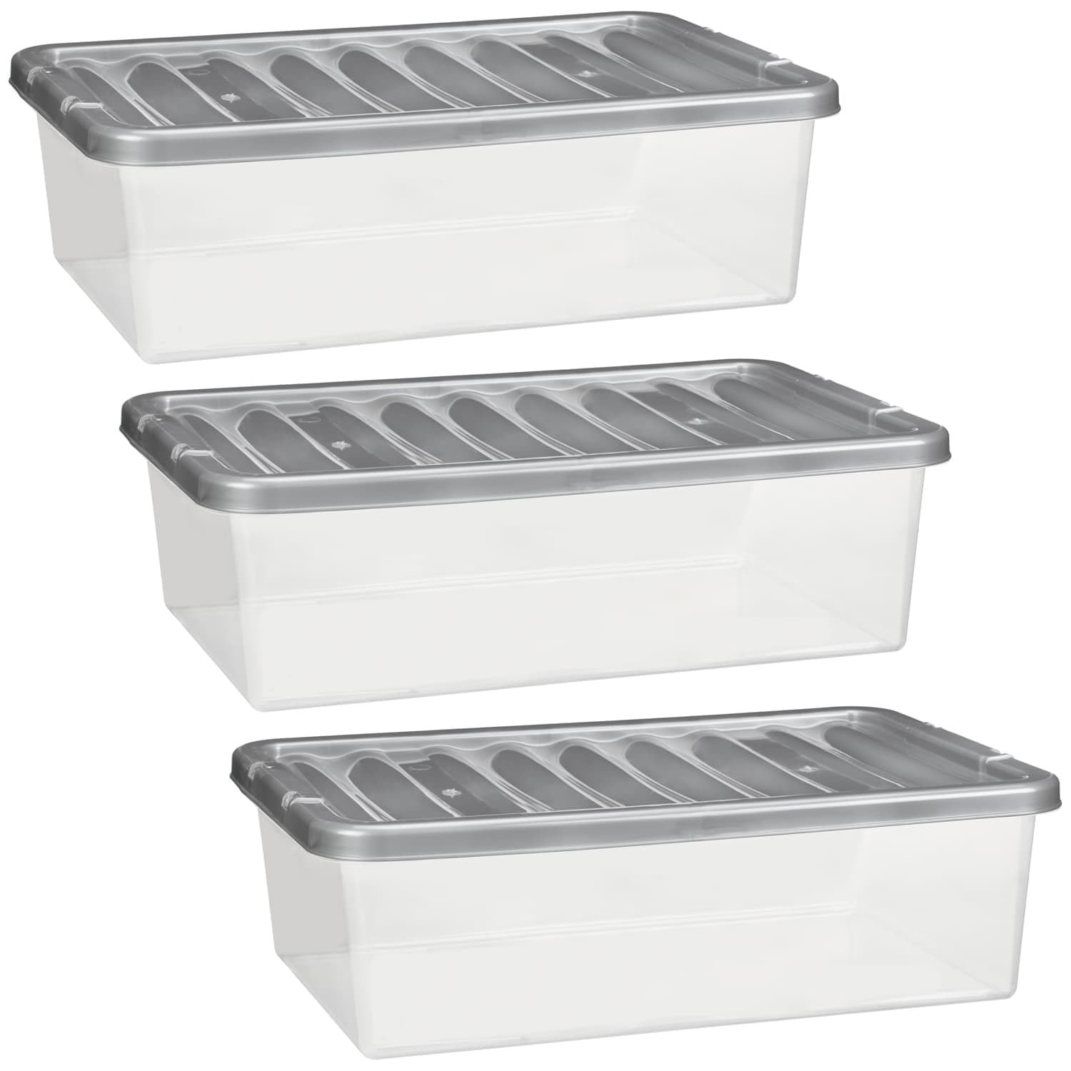 Pack of 3 x 32 Litre Plastic Storage Boxes with Lids - Clear Under Bed Storage Containers with Clip On Grey Lids - Stackable Space Saving Organiser Boxes for Clothes, Bedding & Home Storage