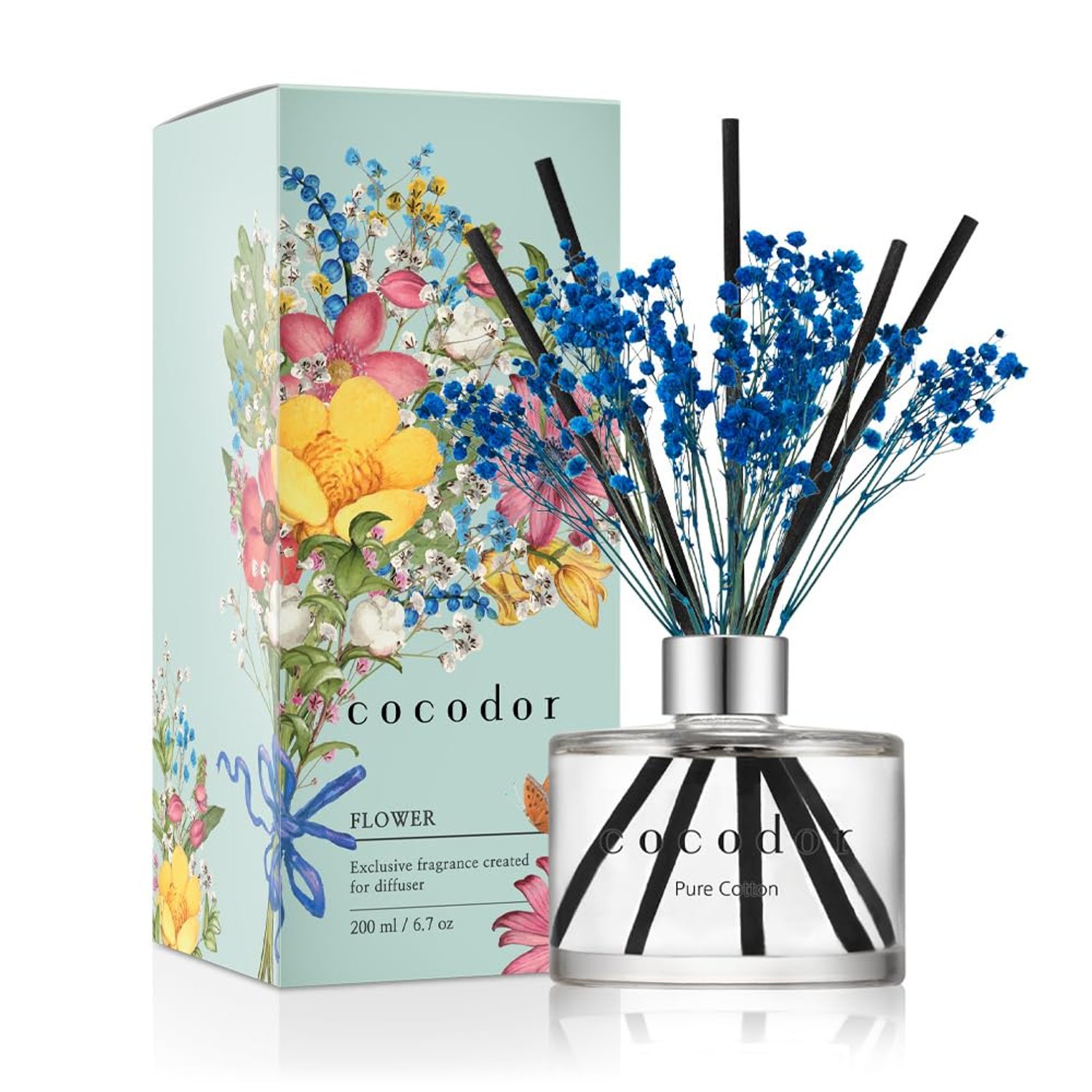 [COCODOR/Pure Cotton] Flower Reed diffusers Oil with a Set of 5 Fiber Sticks, 200ml, Best for Home, Kitchen, Bathroom. Diffusers with sticks