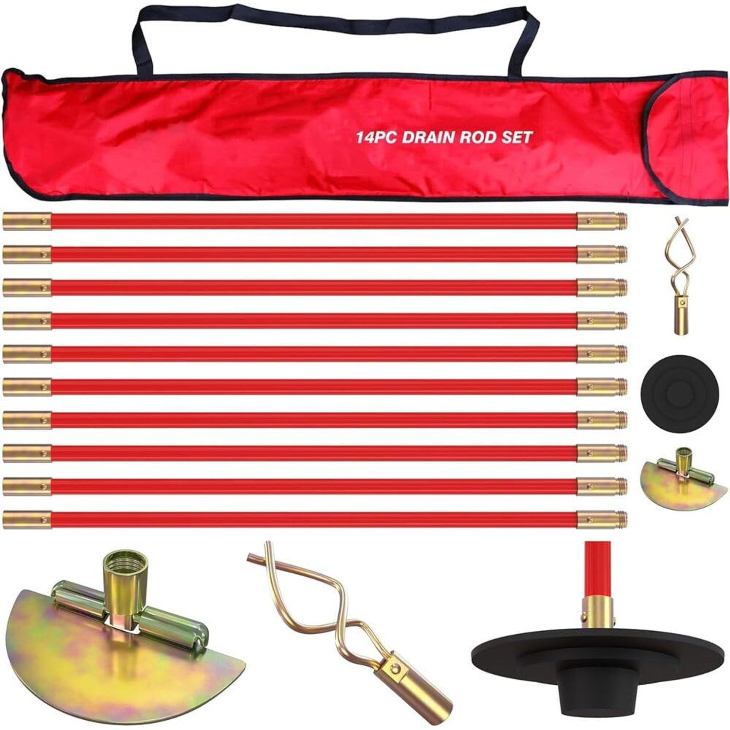 Pro 30ft Drain Rod Set Kit in Carry Bag Professional Heavy Duty Unlock Plunger Worm Scraper Cleaning Rods Rodding 14 PC 9m Length