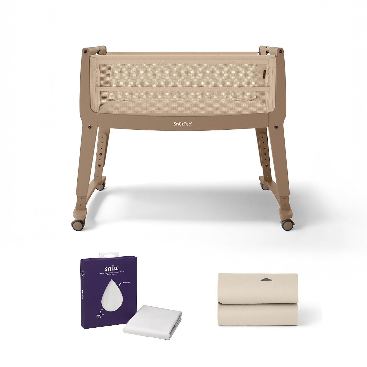 SnuzPod Studio Next to Me Crib Bundle - Portable, Lightweight Baby Bed with Zip-Down Wall & Breathable Mattress, Waterproof Crib Mattress Protector & Bedside Crib Fitted Sheets, Milan