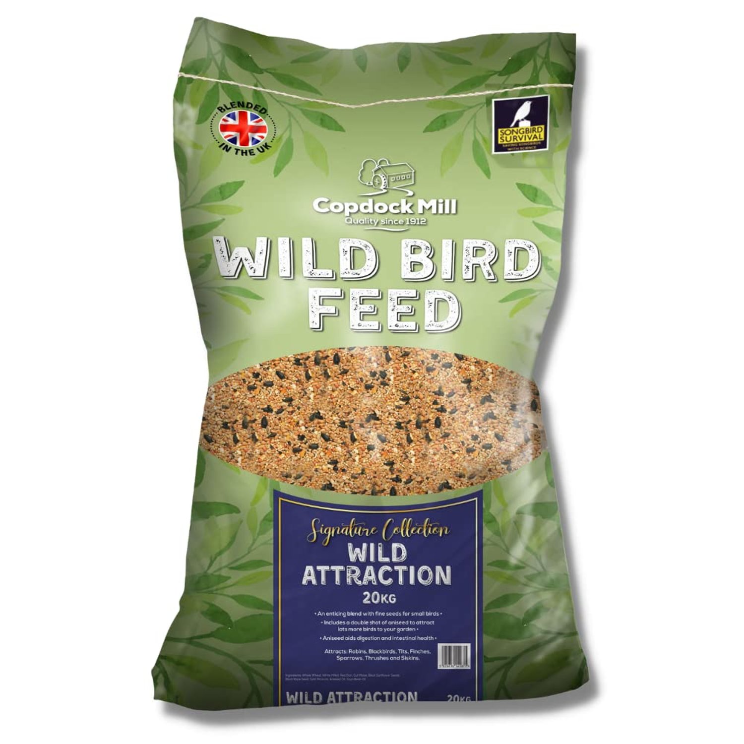 Copdock Mill Wild Bird Seed 20kg, Signature Collection Wild Attraction – All Year-Round Bird Food – 100% Natural Ingredients with Peanuts for Wild Bird – Suitable for All Wild Bird Species