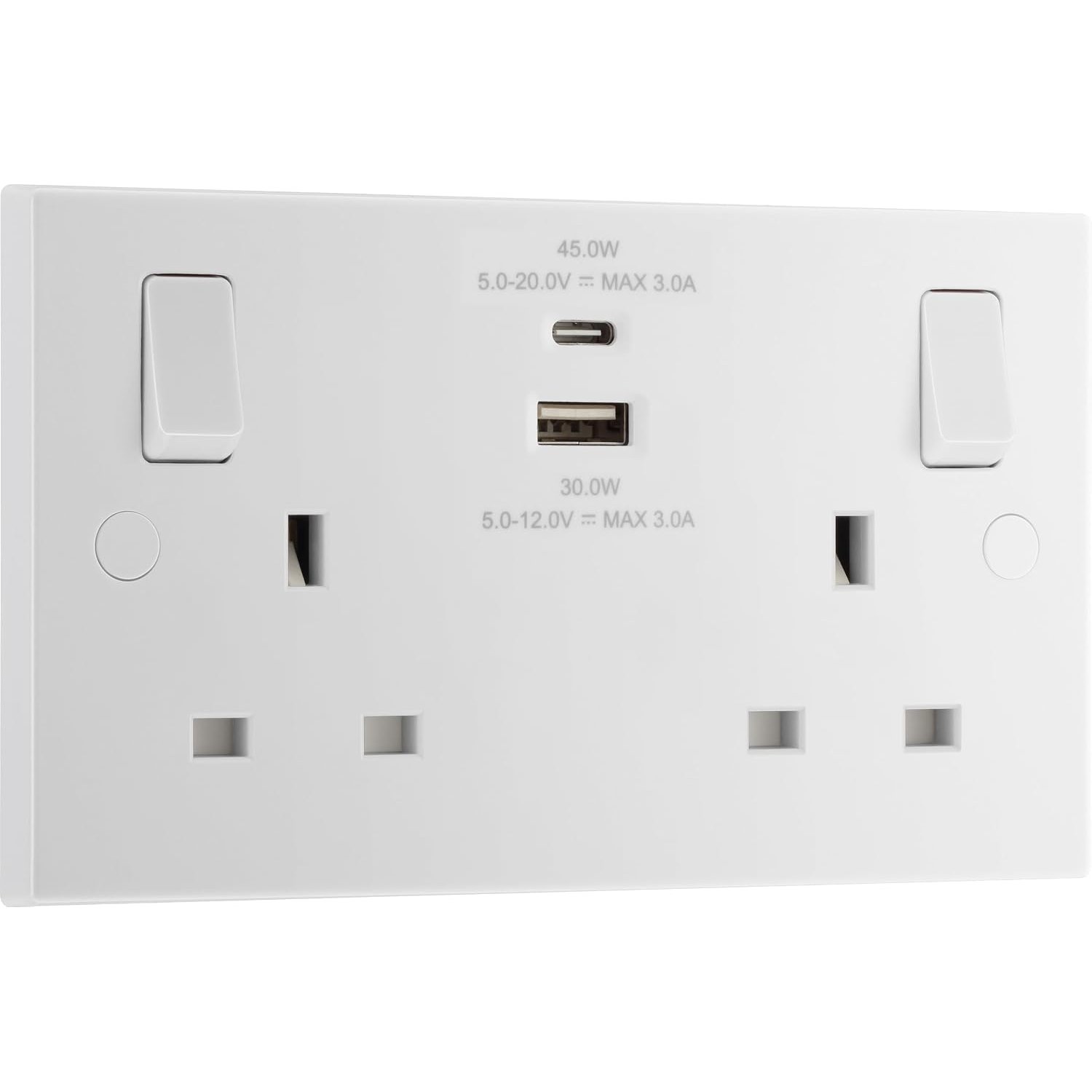 BG Electrical 45W Double Switched Power Wall Plug Socket with Super Fast Charge Type A & C USB Charging Ports, Square Edge, Nexus 900 Series, White Moulded, 13A, 922UAC45