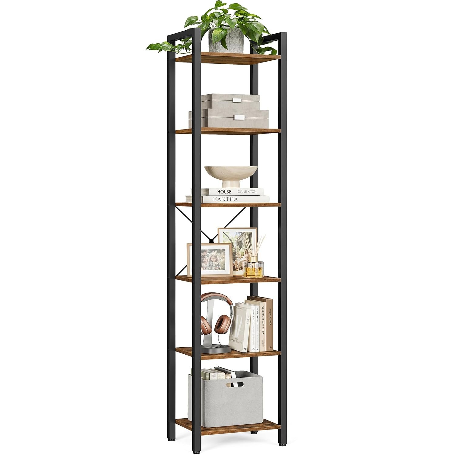 VASAGLE 6-Tier Bookshelf, Bookcase, Shelving Unit, for Office, Study, Living Room, Bedroom, 30 x 40 x 187.5 cm, Industrial, Rustic Brown and Ink Black LLS101B01