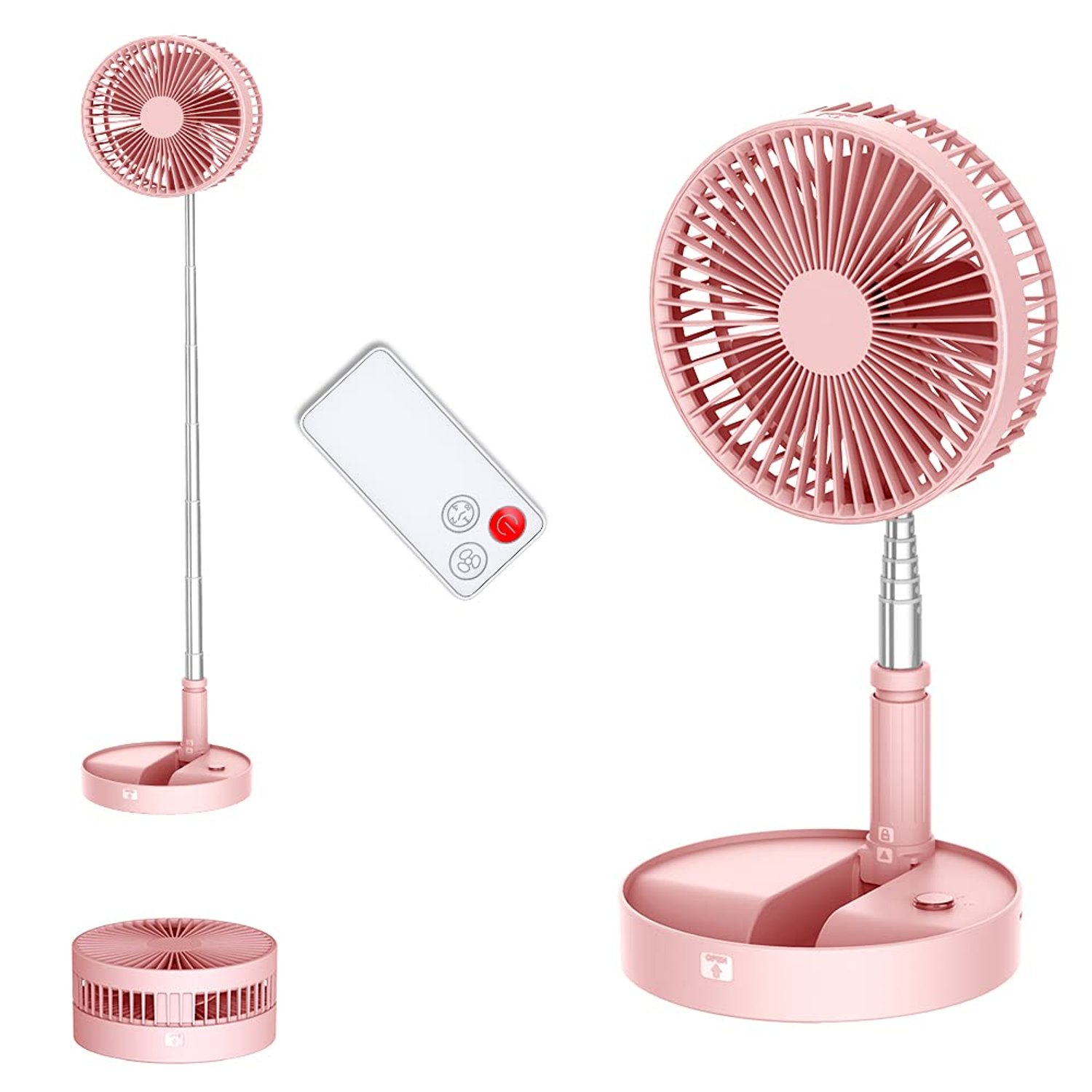 UNITEDTIME Portable Fan Foldable Rechargeable [Remote Control ]Battery Operated Foldaway Standing Pedestal Collapsible Fan, 4 Speed, Timer for Camping Travel, Bedroom (Pink)