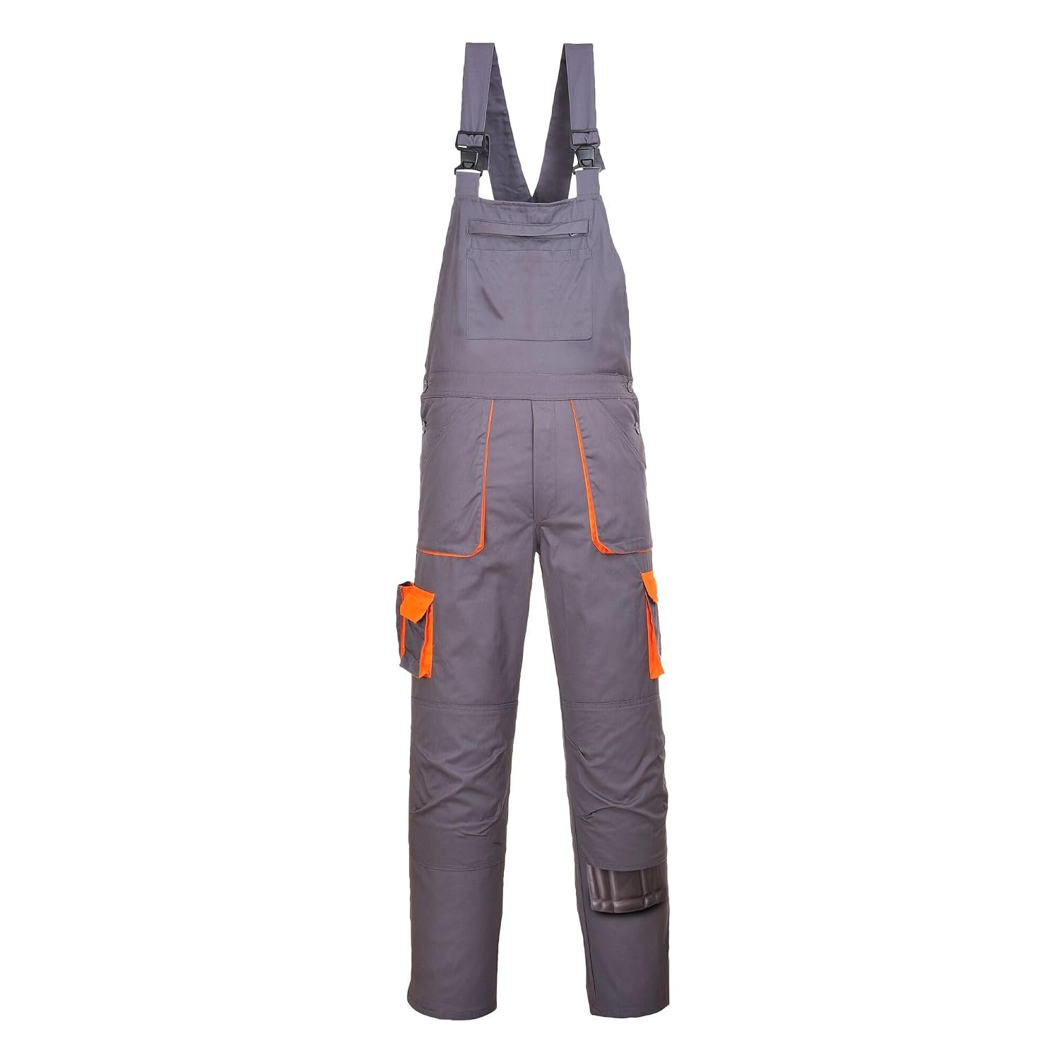Portwest TX12 Texo Contrast Bib and Brace Work Overalls Mens Workwear 10 Pockets UPF 40+ Sun Protection Elasticated Waist Knee Pad Pockets, Regular, Grey, XL