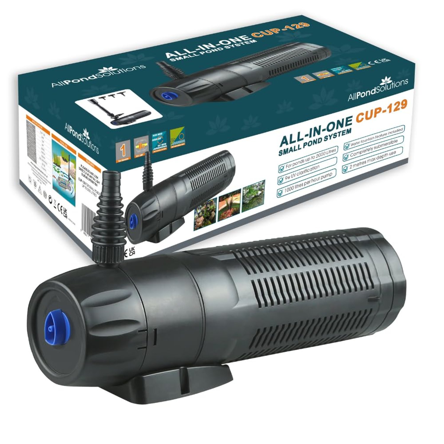 AllPondSolutions CUP-129-1000L/H All in One Pond Pump Filter with Fountain and 9w UV Steriliser Algae Control for Ponds up to 1000L