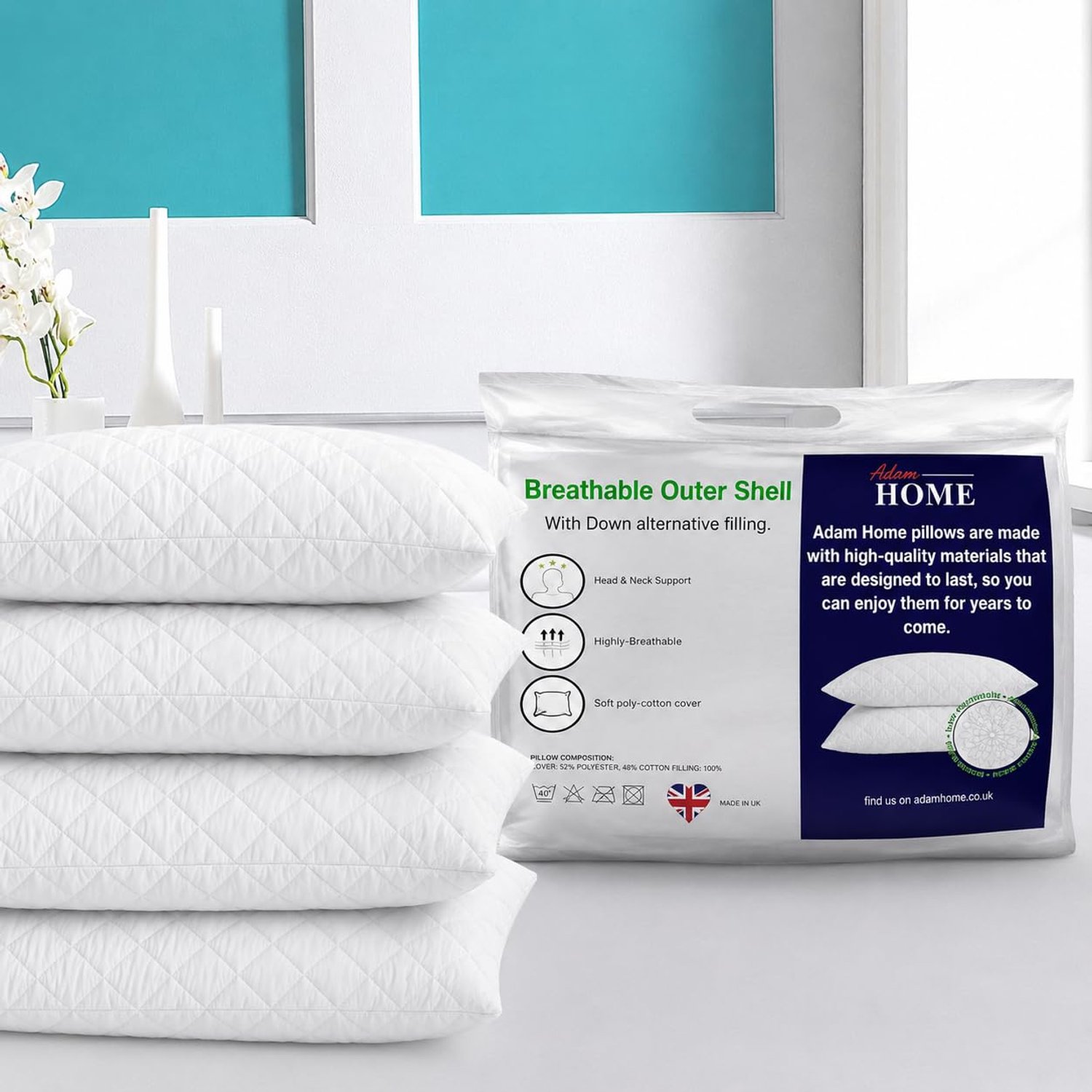 Adam Home Premium Pillows 4 Pack Hotel Quality Firm Support with Quilted Cover Hypoallergenic and Anti Dust Mite Soft Hollow-Fiber Down Alternative Bed Pillow for Stomach Back and Side Sleeper