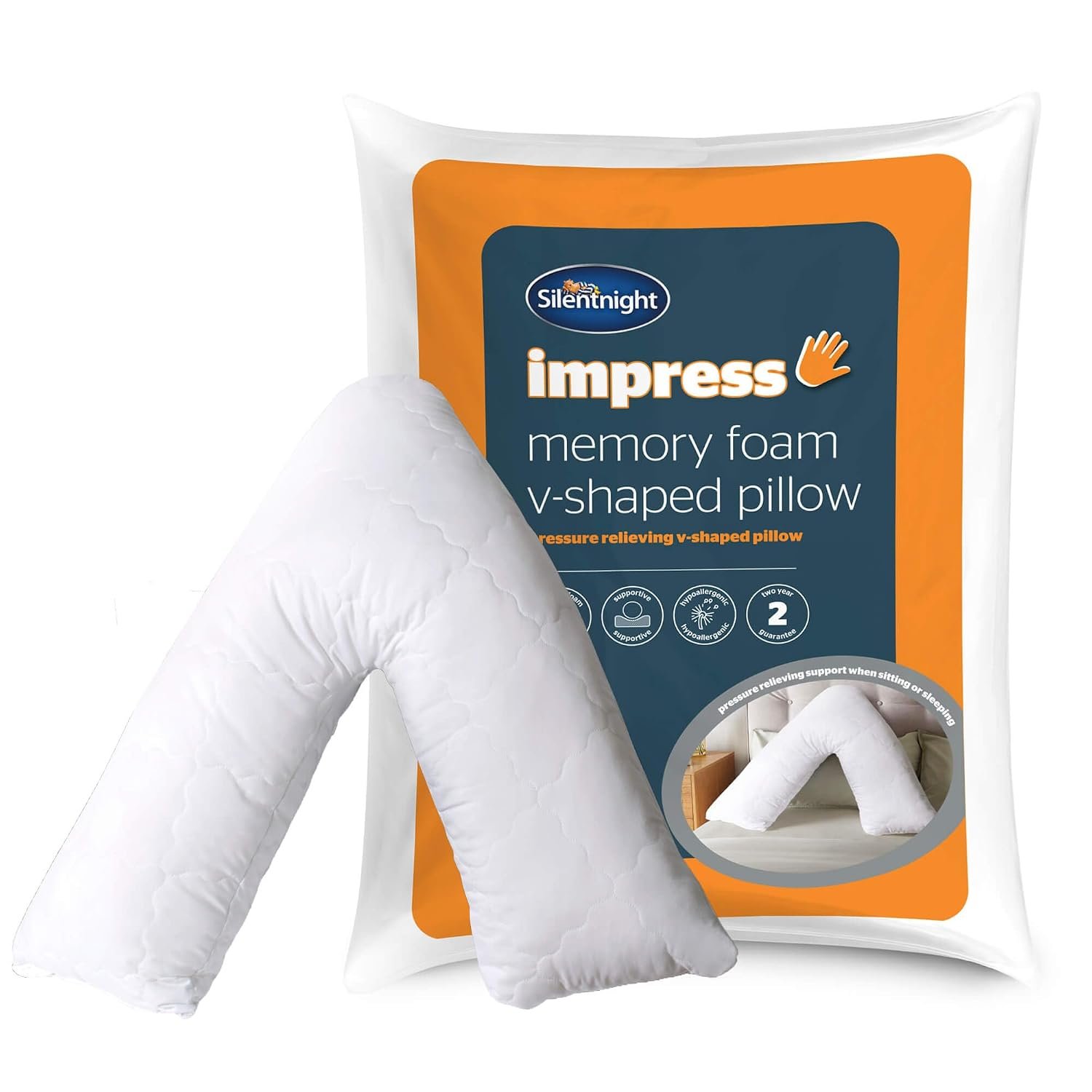 Silentnight Impress Memory Foam V Shape Pillow - Ergonomic Orthopaedic Design Eases Aches and Pains - Head Back and Neck Support for Bed or Sofa - Post Surgery Nursing Pregnancy Comfort Pillow