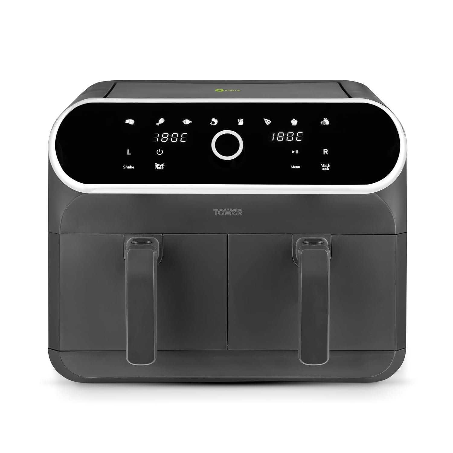 Tower T17194 Elite Dual Basket Air Fryer with Digital Control Panel, Match Cook & Smart Finish Functions, 8 Cooking Presets, Vortx Technology, 8L, 1700W, Graphite