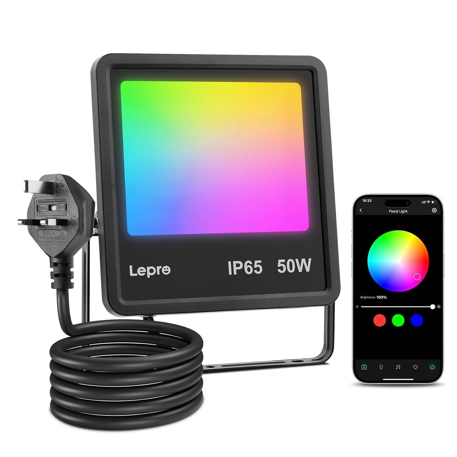 Lepro Led Flood Light Outdoor 50w, Colour Changing Floodlight App Control, 16M Colors DIY, LightGPM AI Mode, Music Sync, Voice Control with Alexa&Google, Timer, IP65 Waterproof for Outdoor Decoration