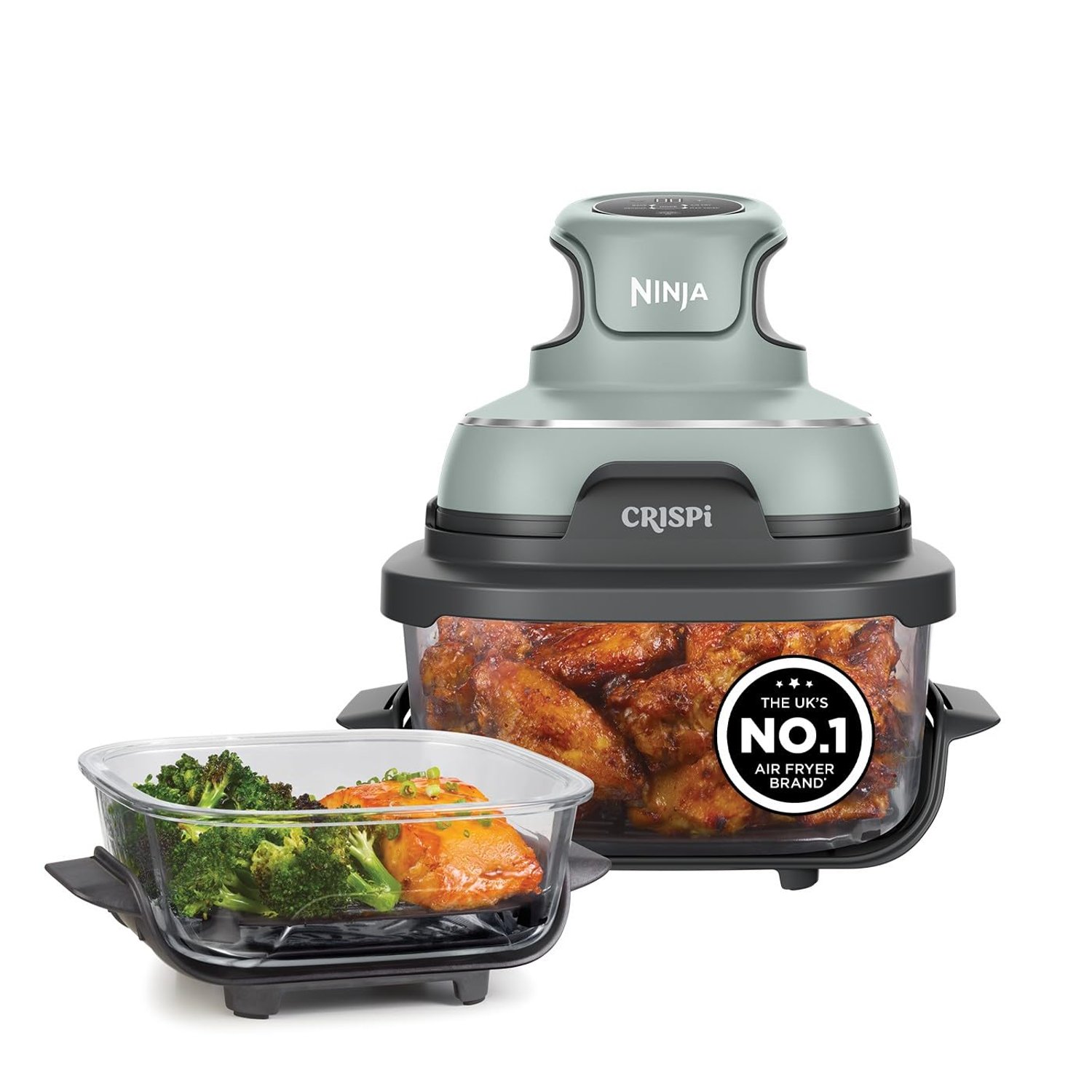 Ninja CRISPi Portable Air Fryer, 3.8L, 4-in-1: Air Fry, Roast, Keep Warm, Recrisp, Space Saving Compact Design, 2x Removable Glass Containers & Lids, 1700W, Sage FN101UKSG
