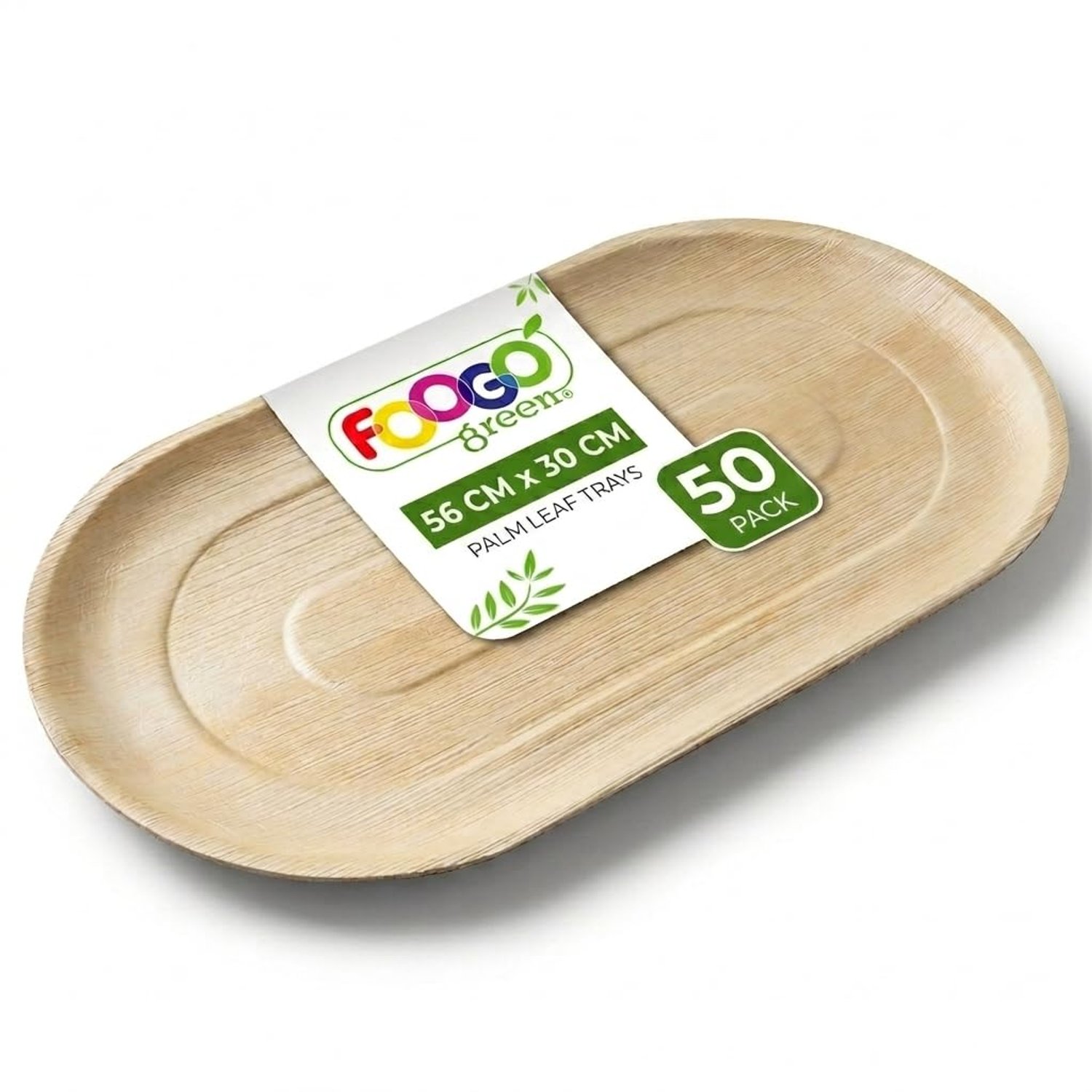 FOOGO Green 50 Disposable Palm Leaf Serving Trays, Large Oval 22"x12" (56cmx30cm), for Platters Starters, Canape, Charcuterie Board, Eco-Friendly and Sturdy Like Wooden Hot Food Trays