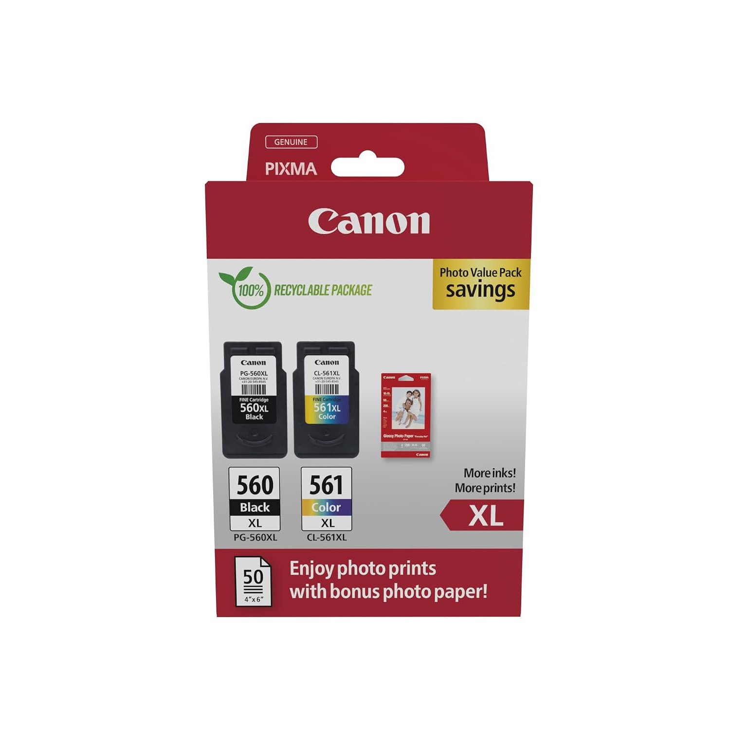 Canon Ink & Paper Multipack - PG-560XL/CL-561XL Genuine Printer Ink Cartridges 2 Pack (1 x Black XL, 1 x Colour XL) & 4x6 Photo Paper (50 x Sheets)