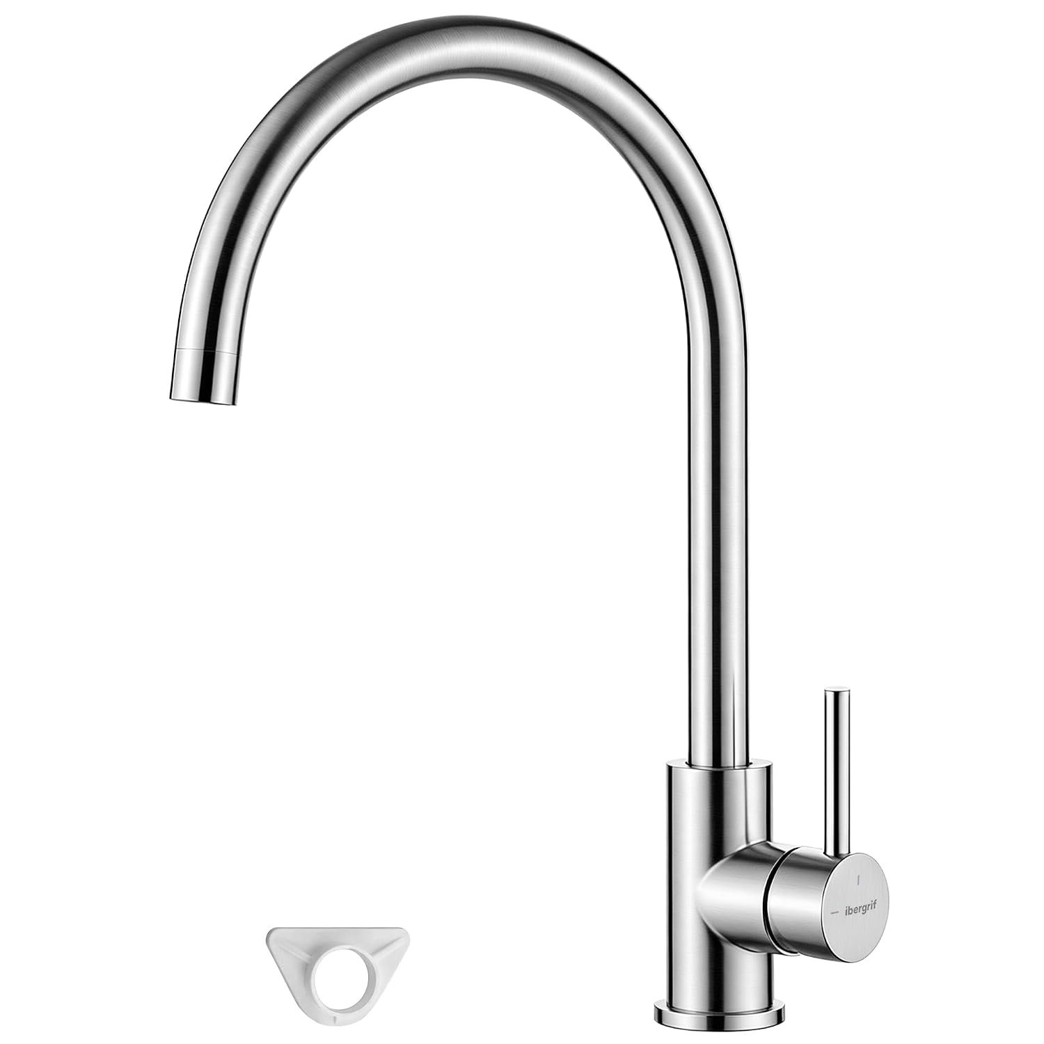 GRIFEMA G4008 Kitchen Sink Taps Mixer with Single Lever High Arc 360°Swivel, Stainless Steel Kitchen Mixer Taps 1 hole with Chrome Finish, Classic Design[Energy Class A+]