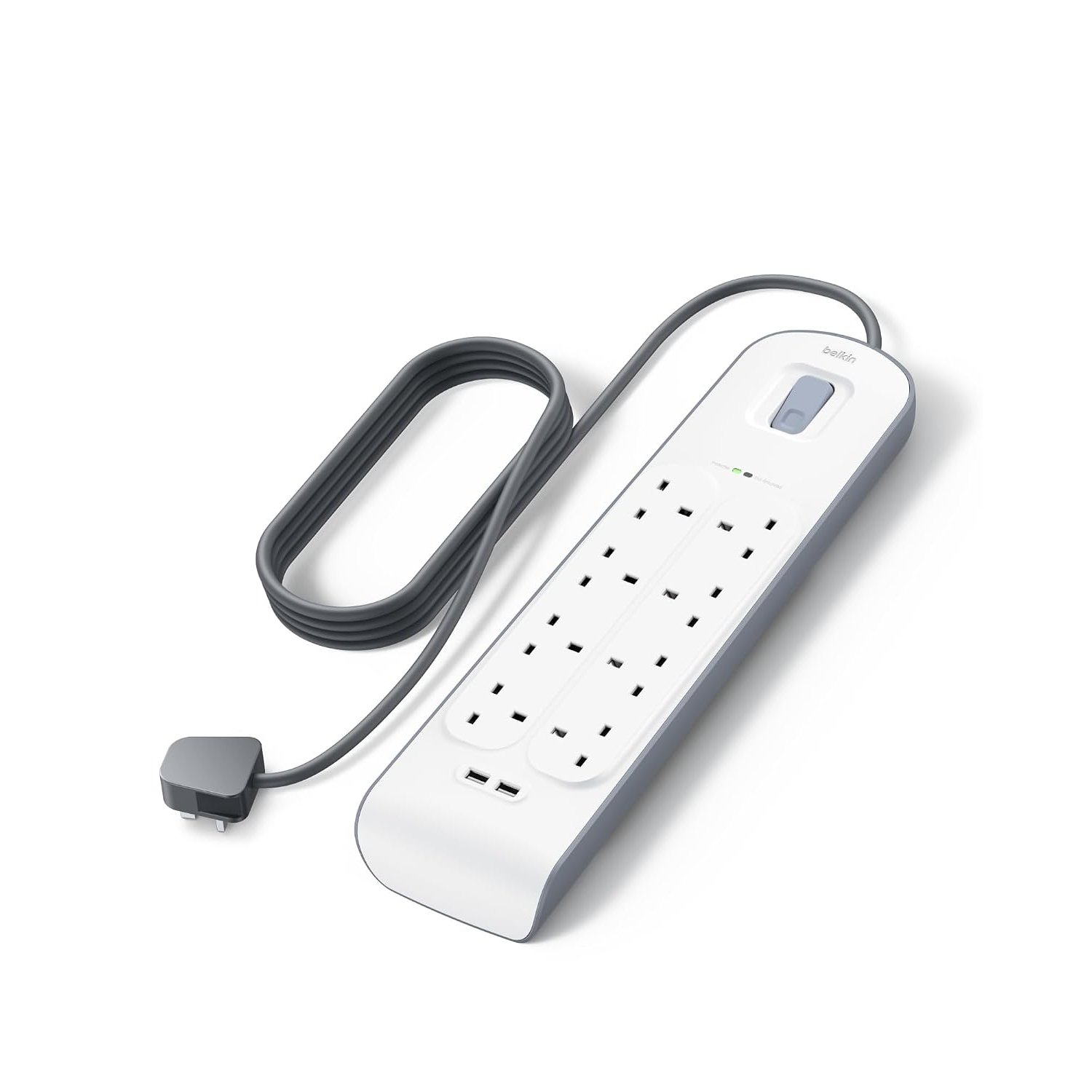Belkin Extension Lead with USB Slots x 2 (2.4 A Shared), 8 Way/8 Plug Extension, 2m Surge Protected Power Strip - White