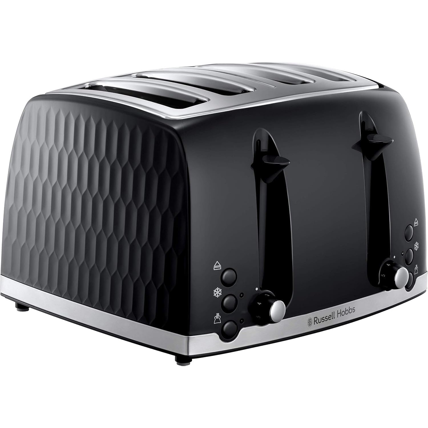 Russell Hobbs Honeycomb 4 Slice Toaster (Independent & Extra wide slots with high lift, 6 Browning levels, Frozen/Cancel/Reheat function, Removable crumb tray, 1500W, Black textured high gloss) 26071