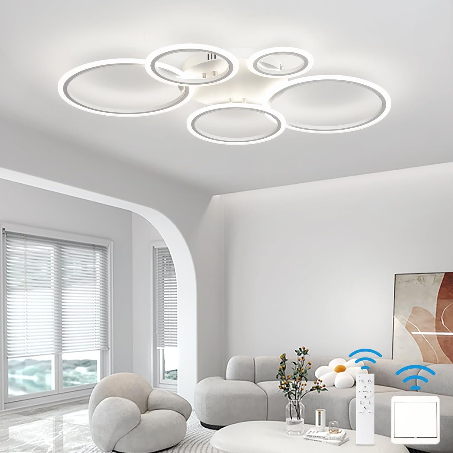 KeLuKes Dimmable Ceiling Light, Living Room LED Ceiling Lamp with Remote Control, Memory Function, 3000k-6500k, Timer, 100cm Ring Ceiling Light Chandelier, White