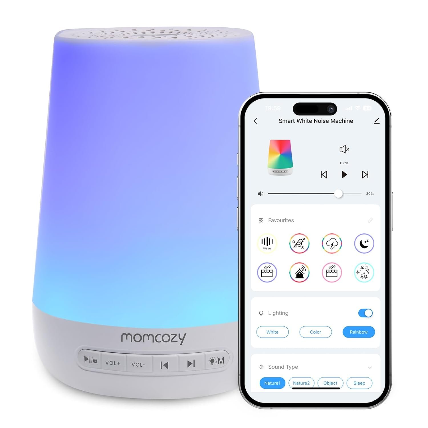 Baby Sound Machine, Momcozy White Noise Machine for Baby Sleeping with Night Light, Toddler Sleep Trainer with 34 Soothing Sounds, Timer, App Remote Control, Personal Sleep Routine(White)