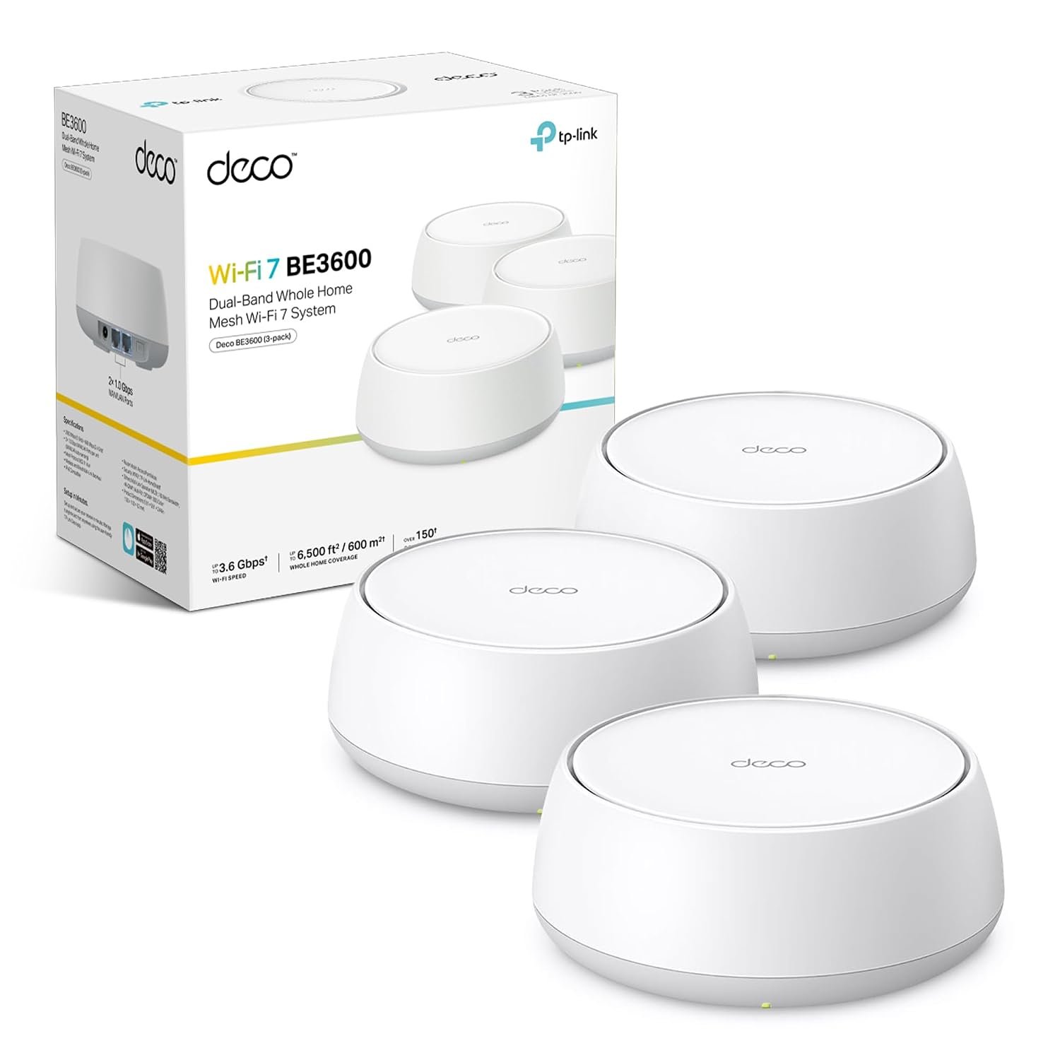TP-Link Deco BE3600(3-pack) Mesh WiFi 7 System, Dual-Band AI Roaming Router, MLO, 4K-QAM, HomeShield, Whole Home Coverage, 150+ Devices Connection, Extender Booster, VPN, Google Home/Alexa
