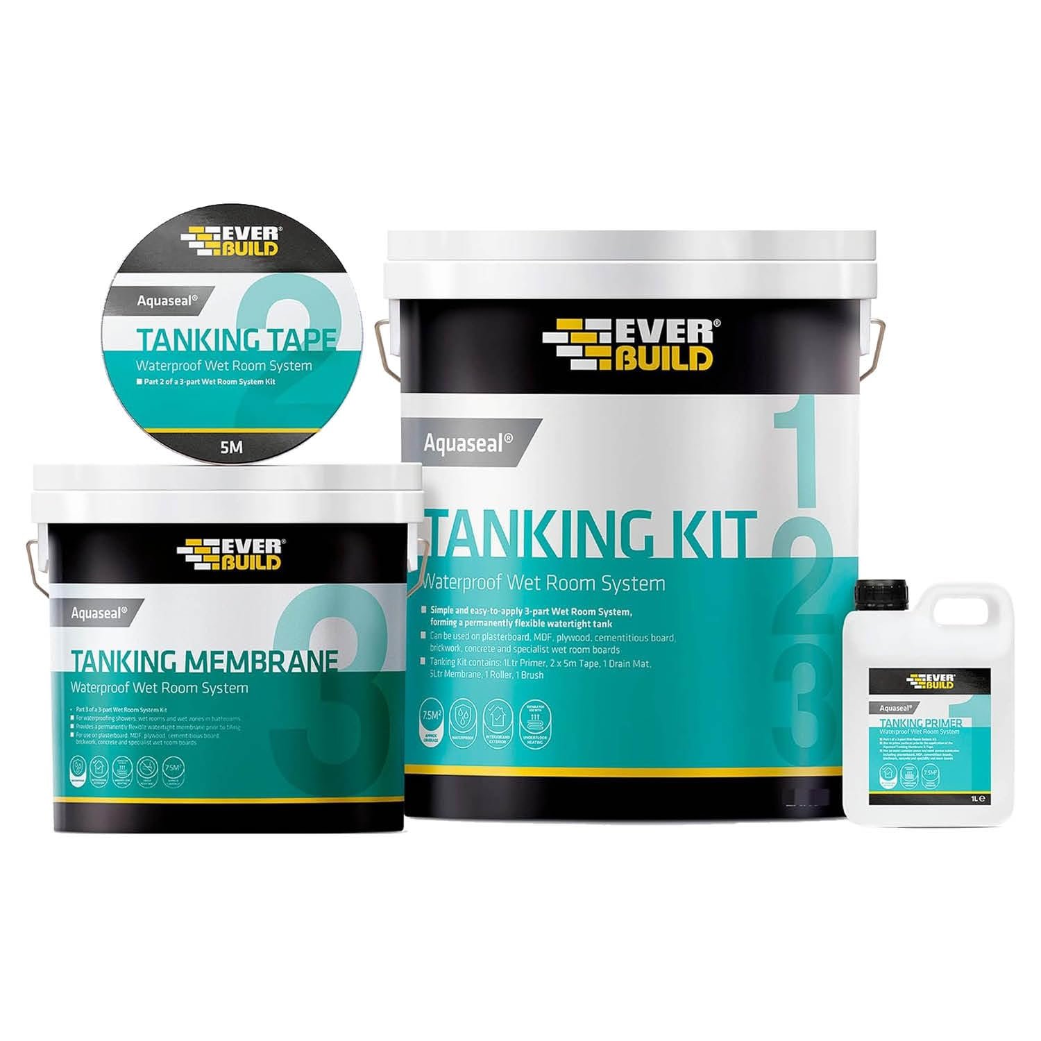 Everbuild Aquaseal Wet Room System – Flexible – Waterproof – Easy To Apply – Internal And External – Standard Kit