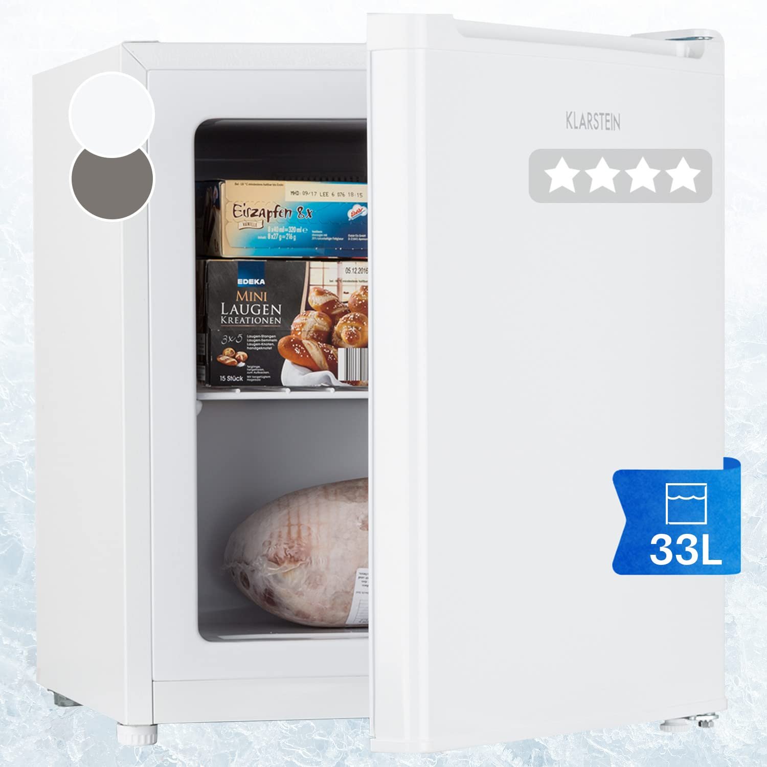 Klarstein Free Standing Freezer Fridge, Compact Mini Freezer for Bedrooms, Home & Office, 33L Table Top Energy Efficient Upright Small UK with Shelf, Mini Ice Cube Maker & Scraper