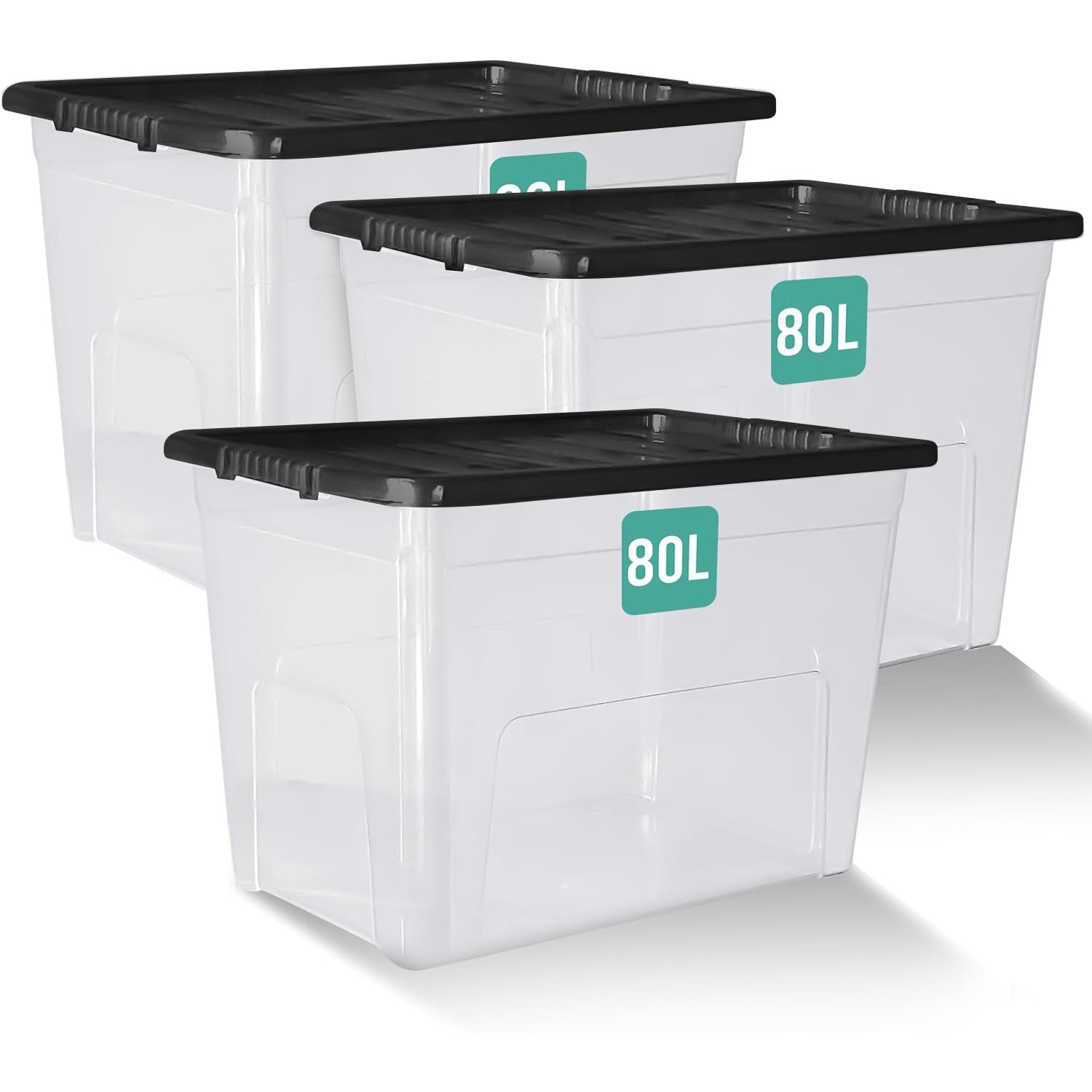 Klass Home Collection 3 x 80 Litre Large Plastic Storage Boxes With Lids - Heavy Duty Stackable 80L Large Storage Box With Lid, Big Plastic Containers For Home, Moving, Garage (3 x 80L - Black Lid)